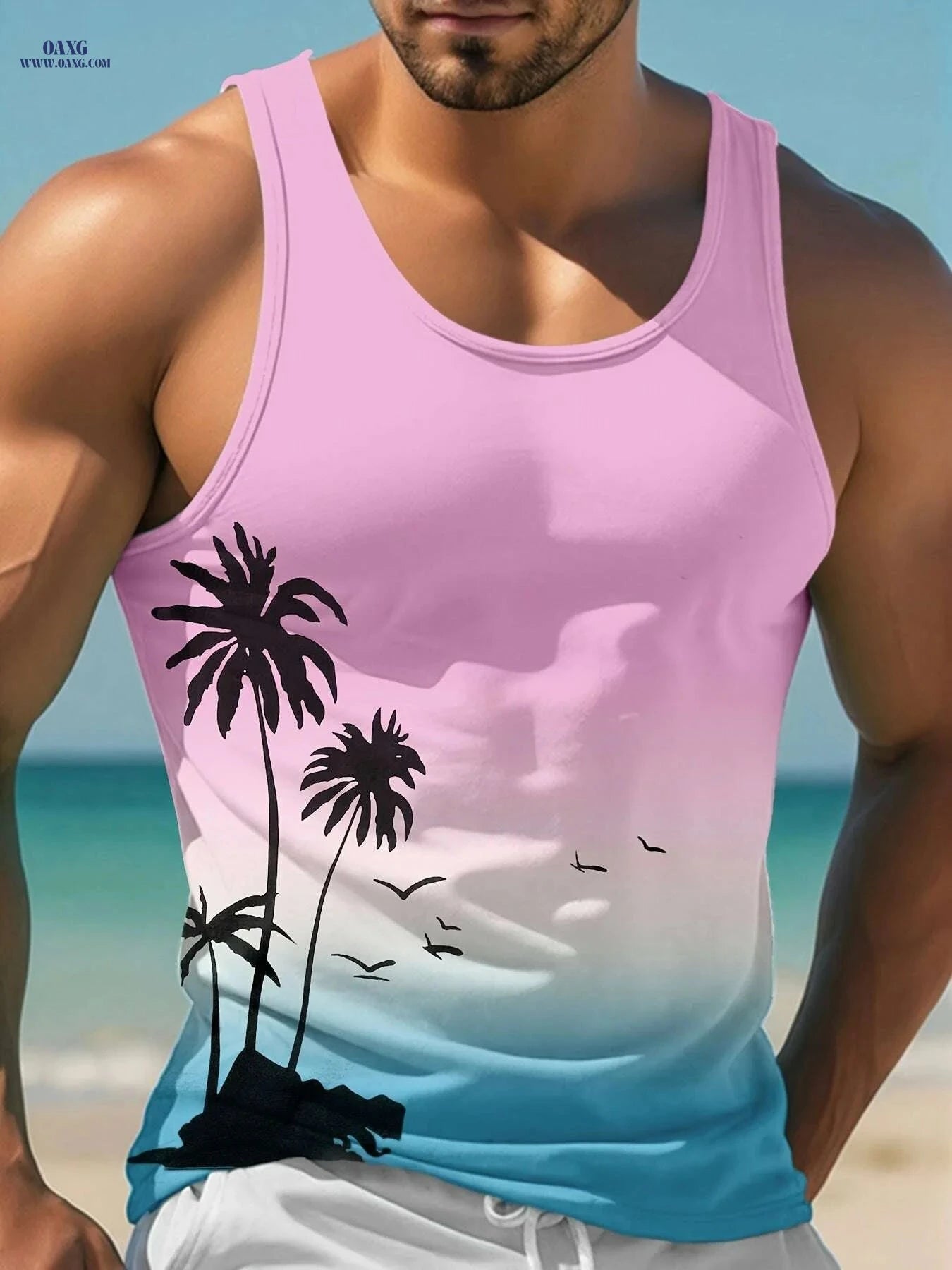 Men's Tropical Palm Tree Tank Top - Casual Beachwear, Light Blue   OAXG Blue And White / S