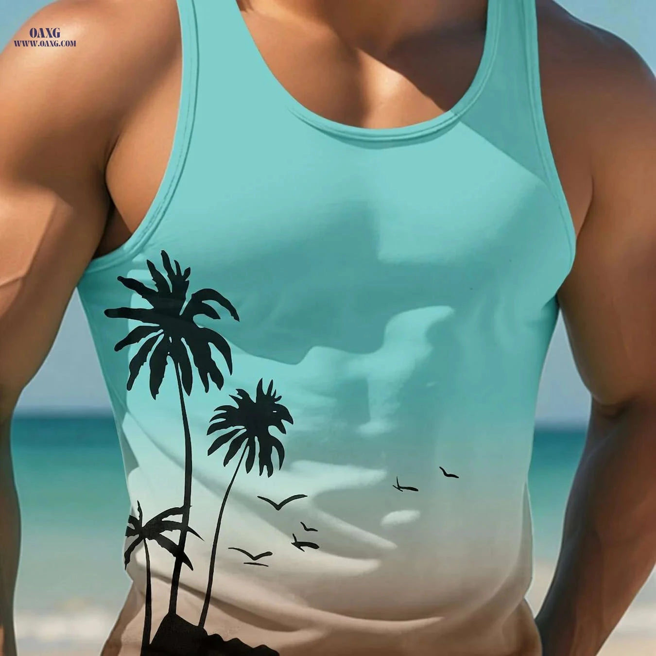 Men's Tropical Palm Tree Tank Top - Casual Beachwear, Light Blue   OAXG Blue And White / S
