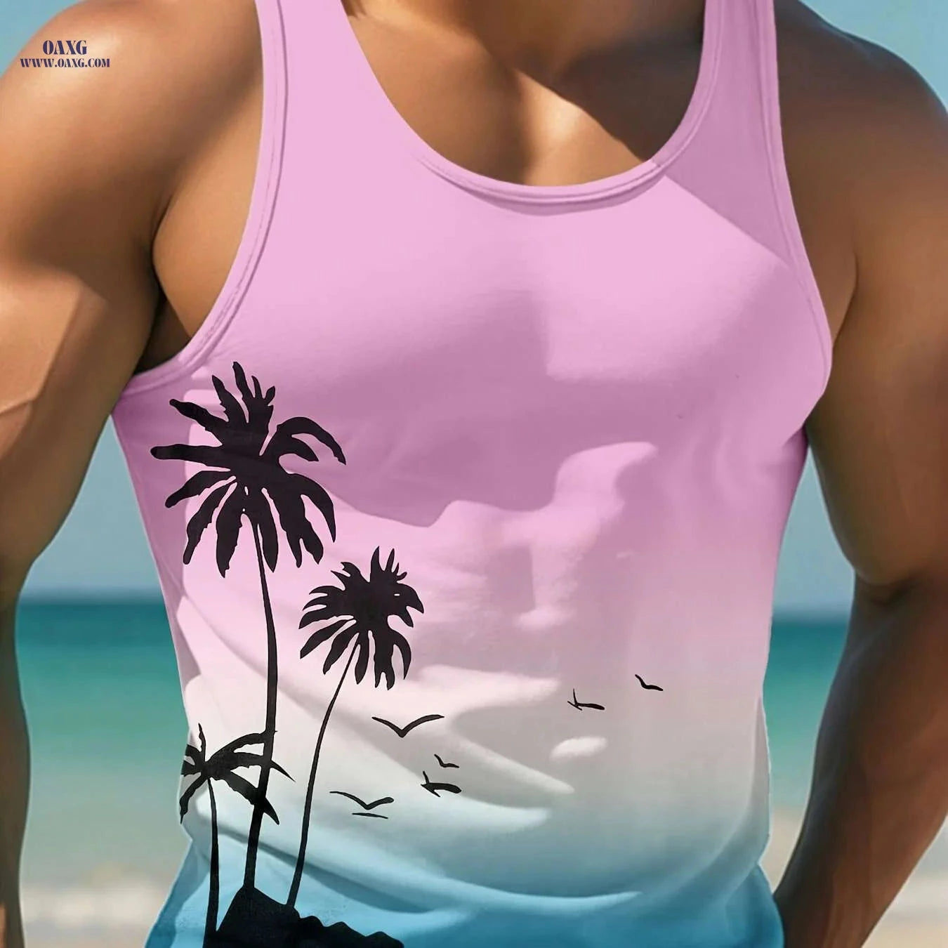 Men's Tropical Palm Tree Tank Top - Casual Beachwear, Light Blue   OAXG Blue And White / S