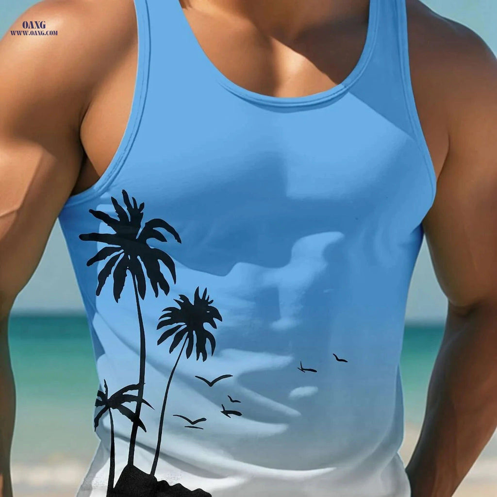 Men's Tropical Palm Tree Tank Top - Casual Beachwear, Light Blue   OAXG Blue And White / S