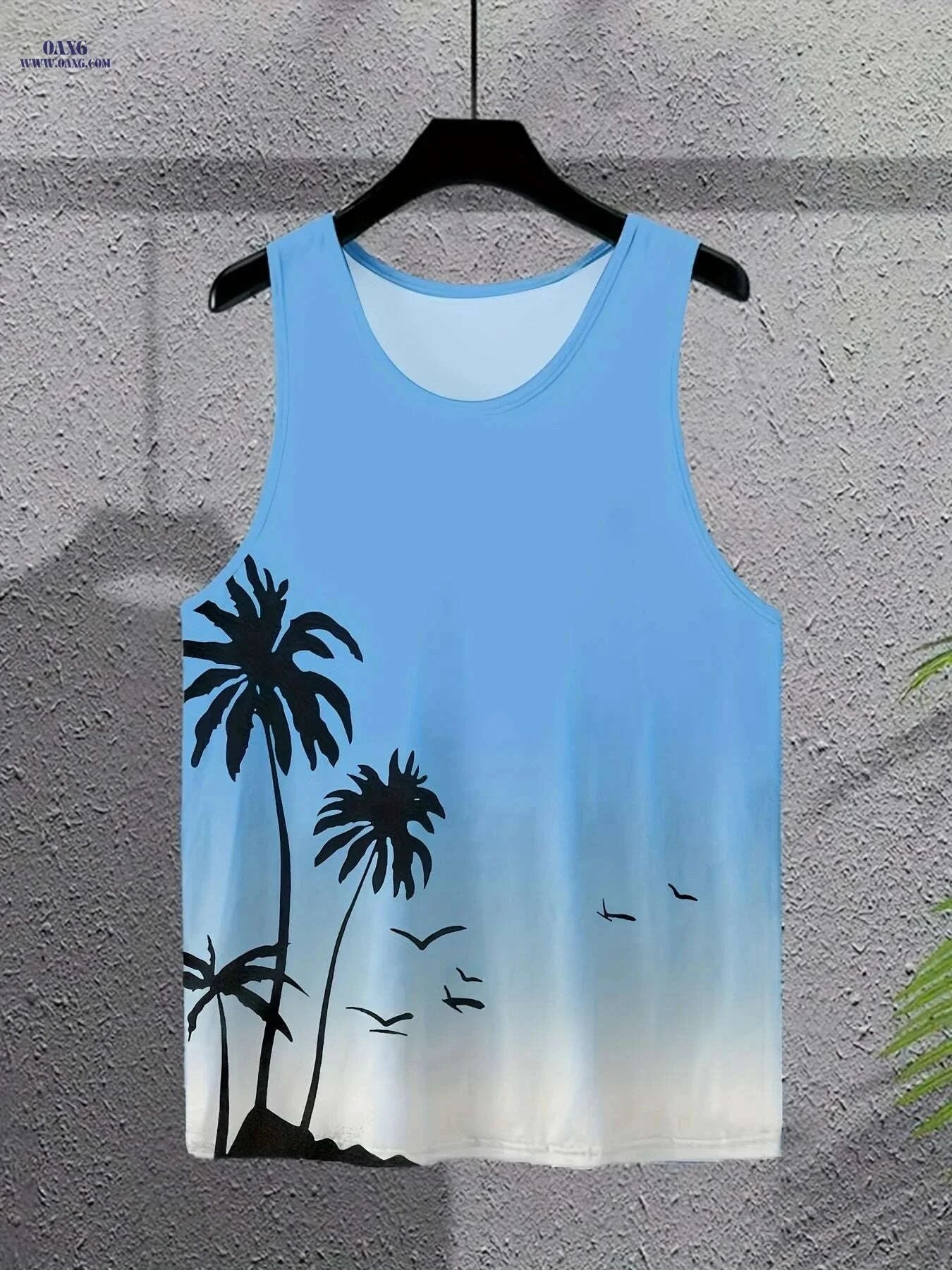 Men's Tropical Palm Tree Tank Top - Casual Beachwear, Light Blue   OAXG Blue And White / S