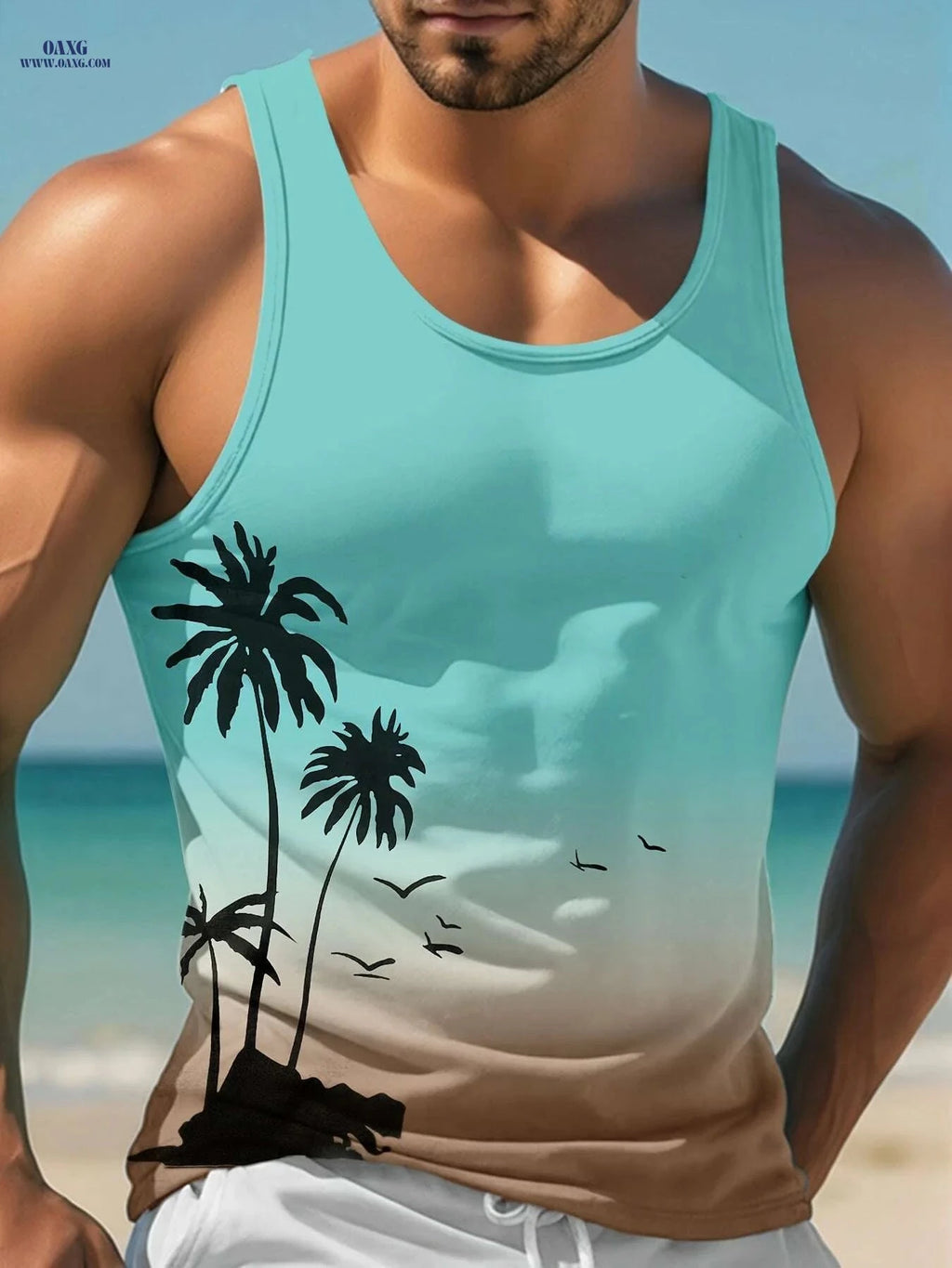 Men's Tropical Palm Tree Tank Top - Casual Beachwear, Light Blue   OAXG Blue And White / S