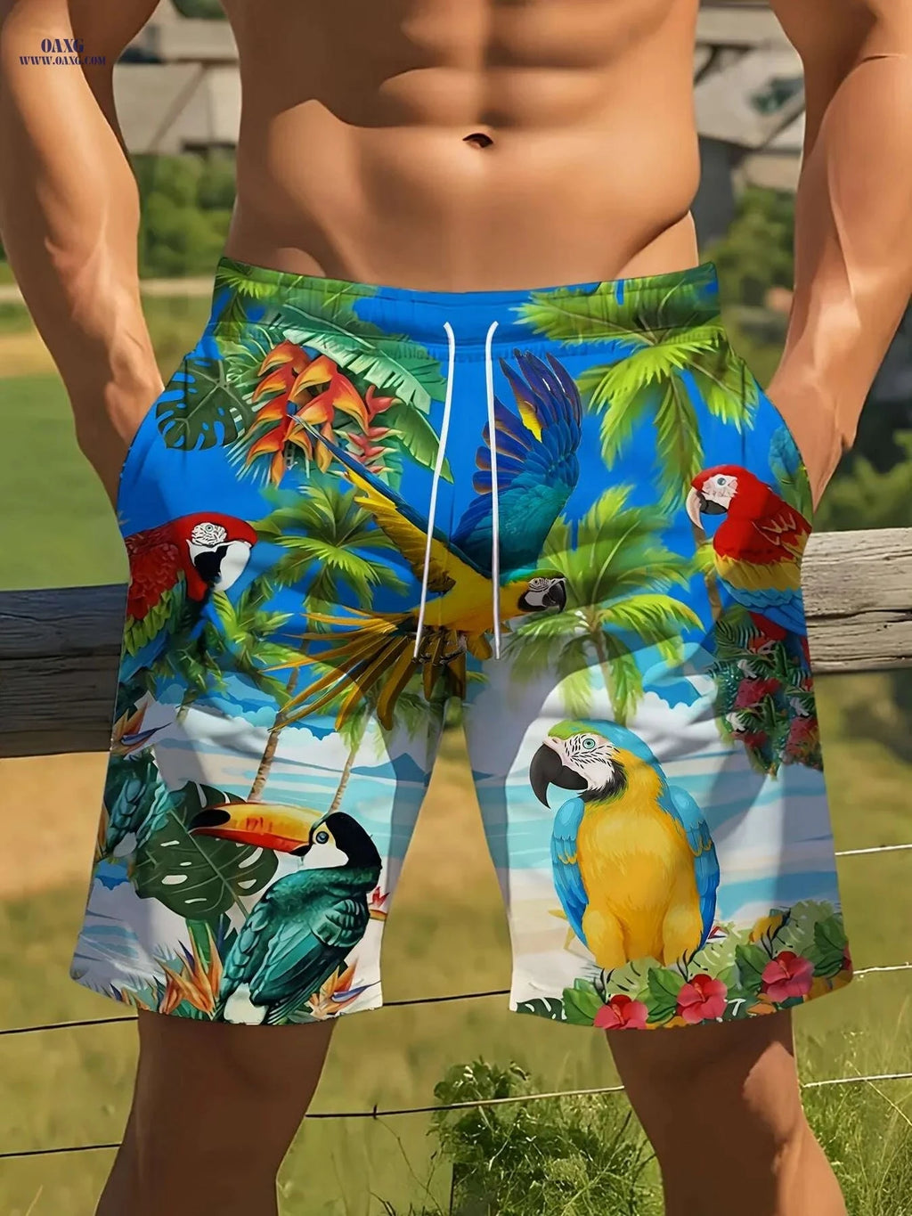 Men's Tropical Parrot Print Drawstring Shorts - Casual Summer Beachwear   OAXG 