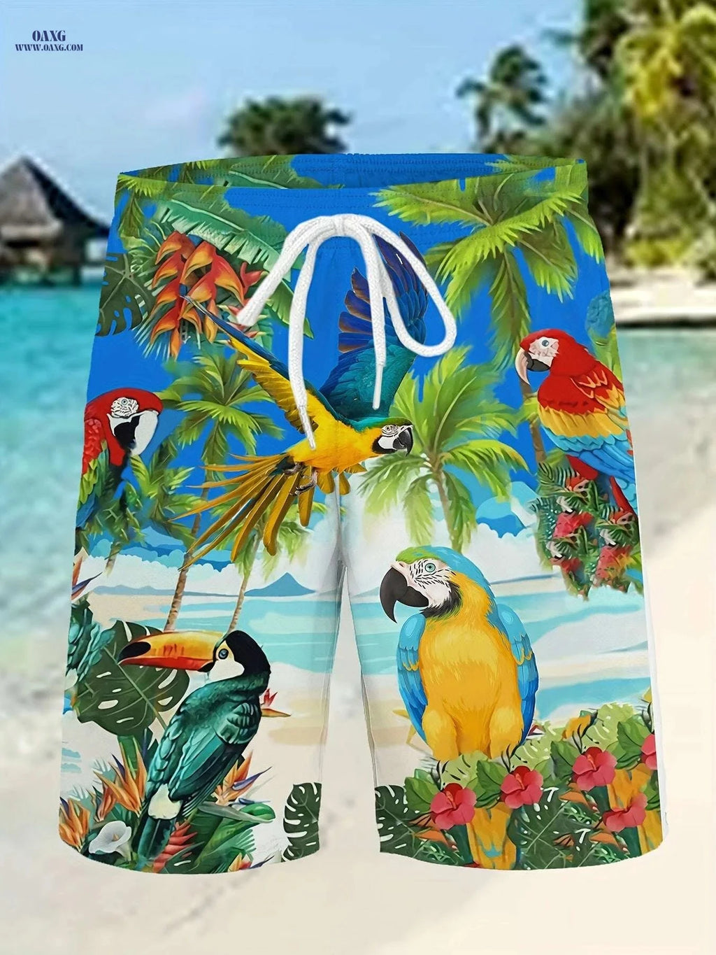 Men's Tropical Parrot Print Drawstring Shorts - Casual Summer Beachwear   OAXG 
