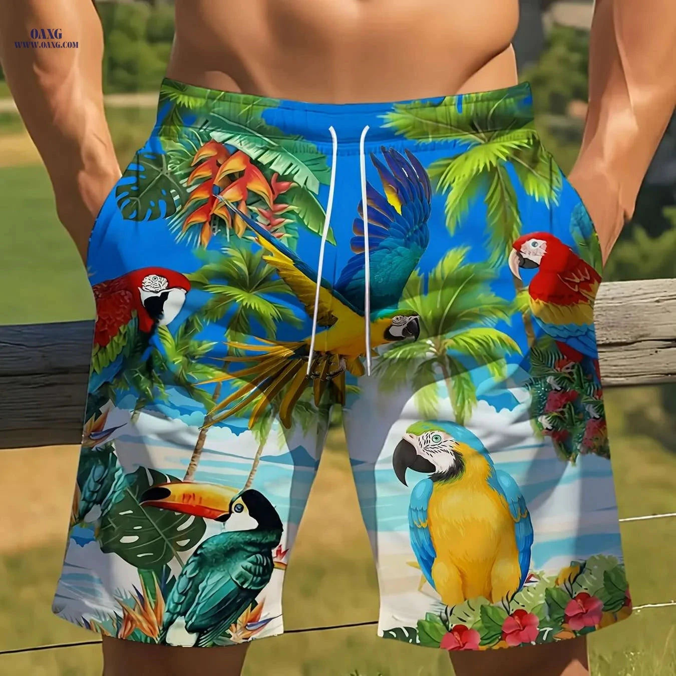 Men's Tropical Parrot Print Drawstring Shorts - Casual Summer Beachwear   OAXG Blue / S