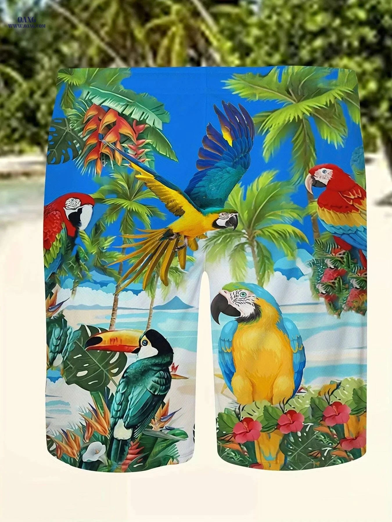 Men's Tropical Parrot Print Drawstring Shorts - Casual Summer Beachwear   OAXG Blue / S