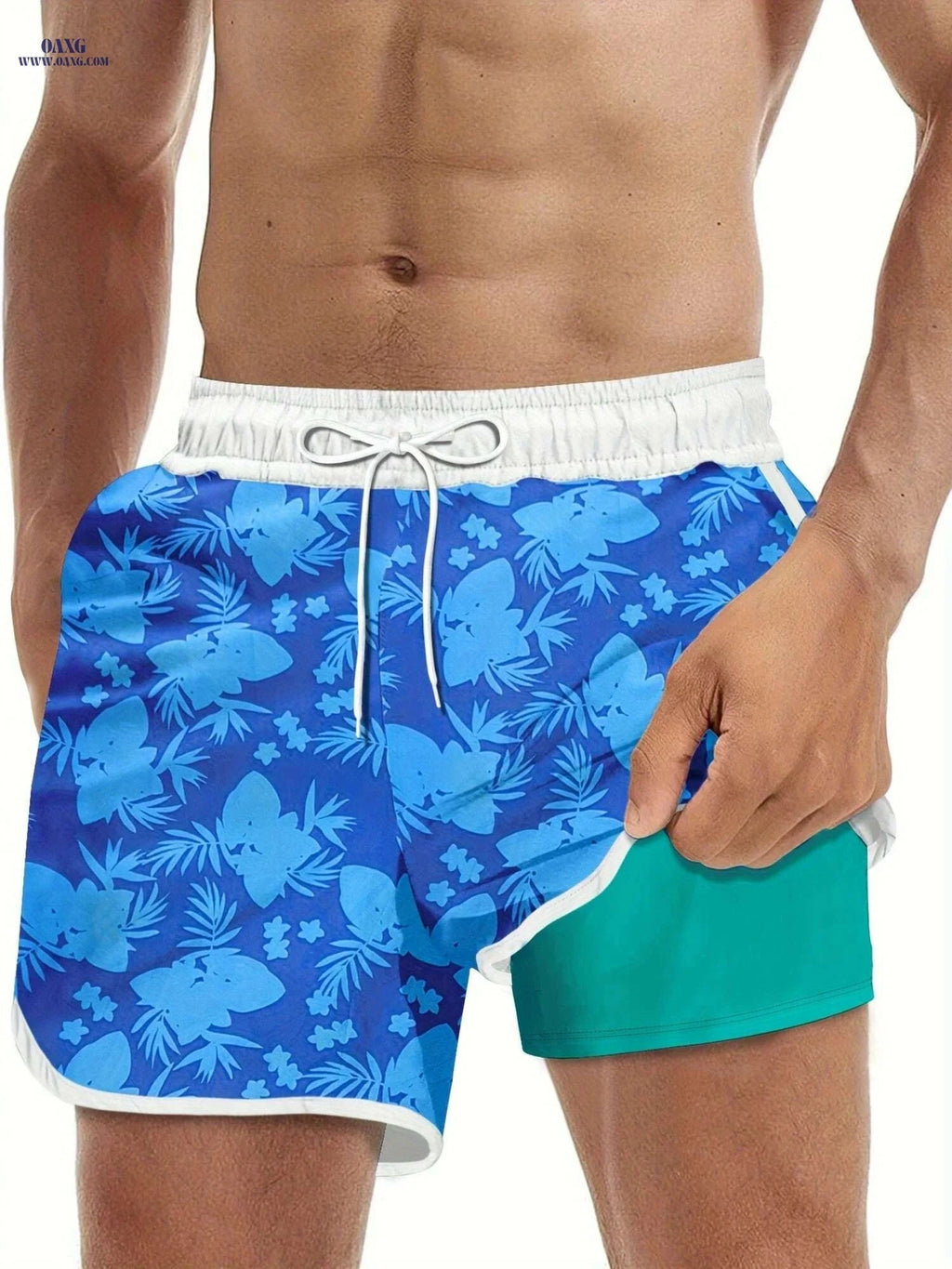 Men's Tropical Print Swim Trunks - Casual Flat Front, Regular Fit   OAXG Blue / S
