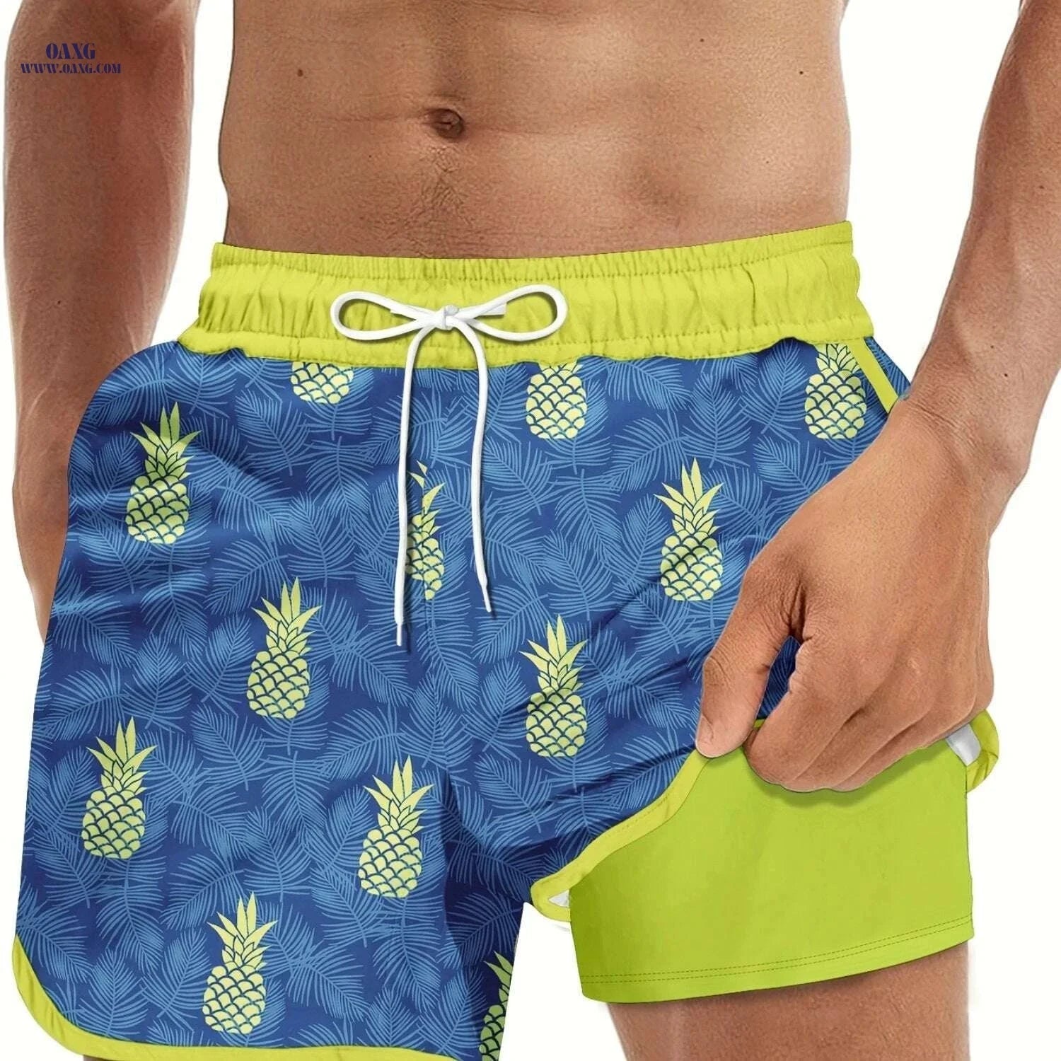 Men's Tropical Print Swim Trunks - Casual Flat Front, Regular Fit   OAXG Blue / S