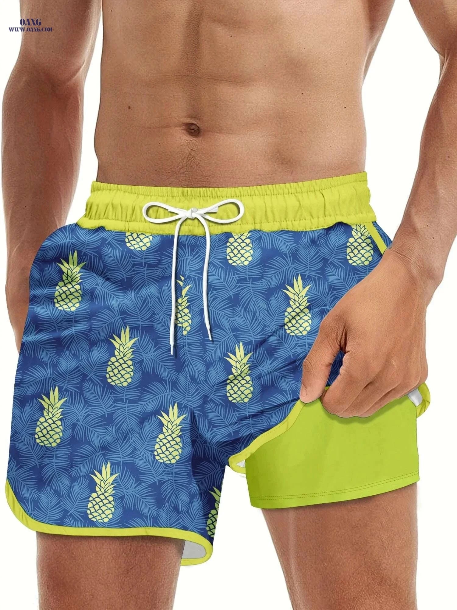 Men's Tropical Print Swim Trunks - Casual Flat Front, Regular Fit   OAXG 