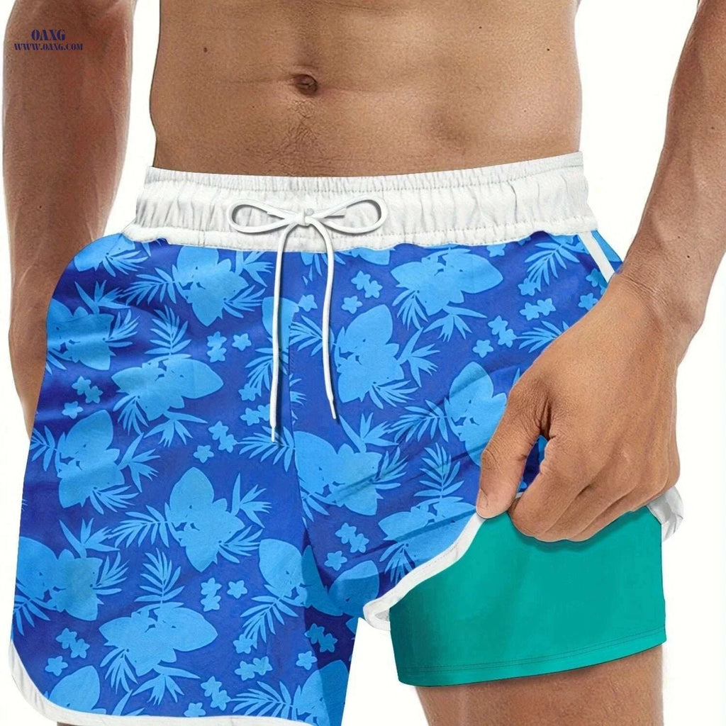 Men's Tropical Print Swim Trunks - Casual Flat Front, Regular Fit   OAXG 