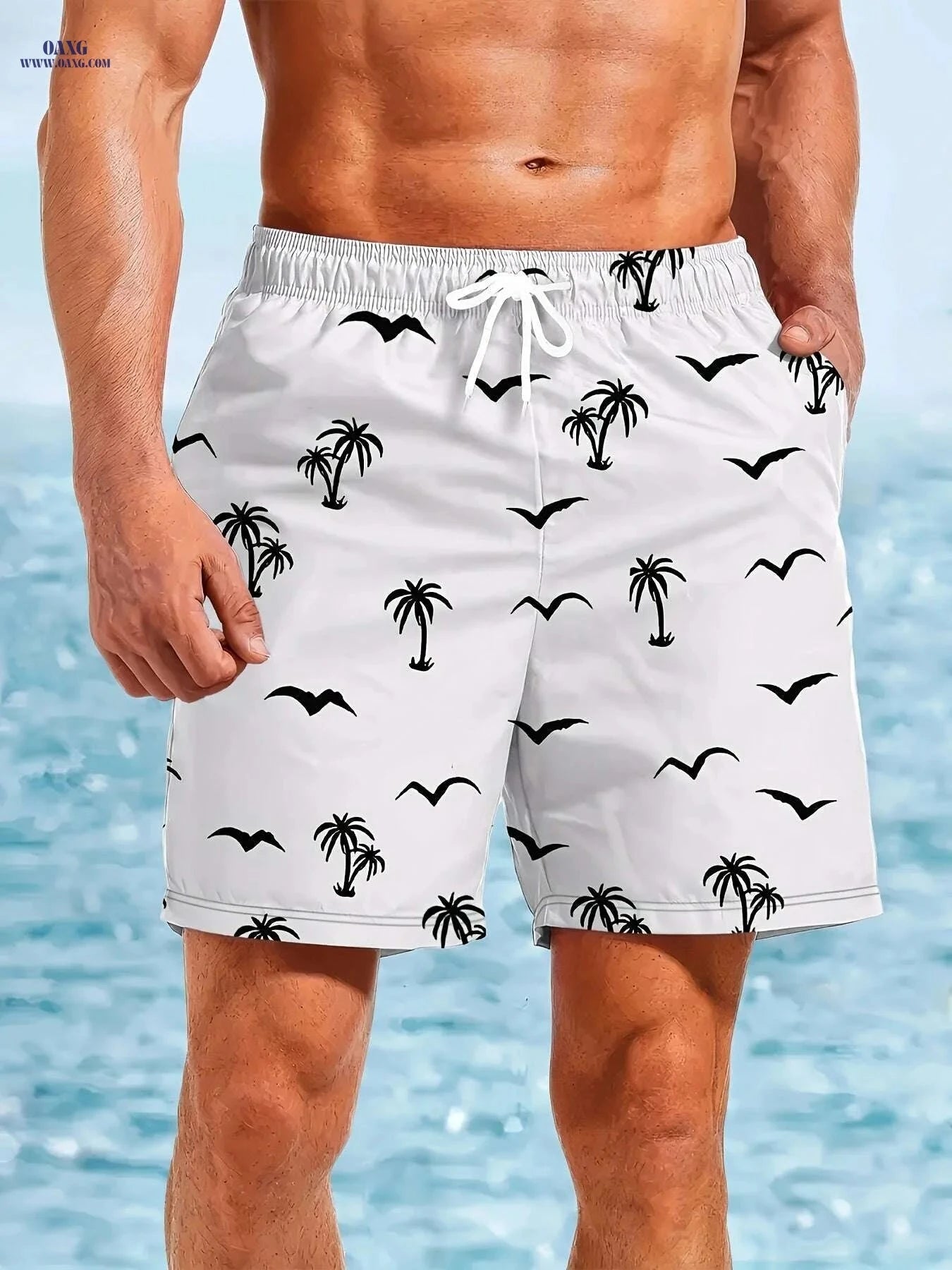 Men's Tropical Print Swim Trunks - Quick-Dry Beach Shorts   OAXG 