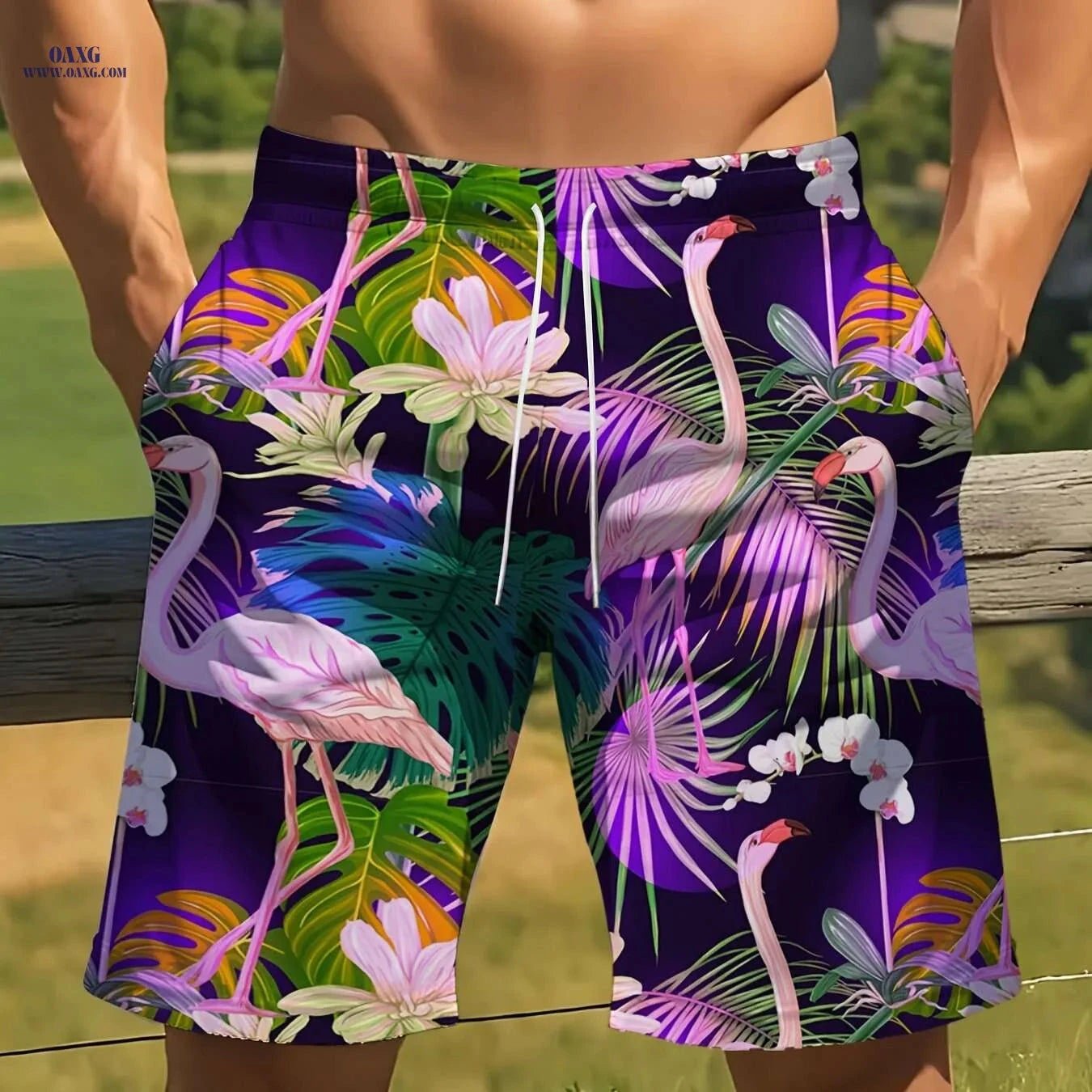 Men's Tropical Swim Shorts - Lightweight Polyester, Flamingo Print   OAXG 