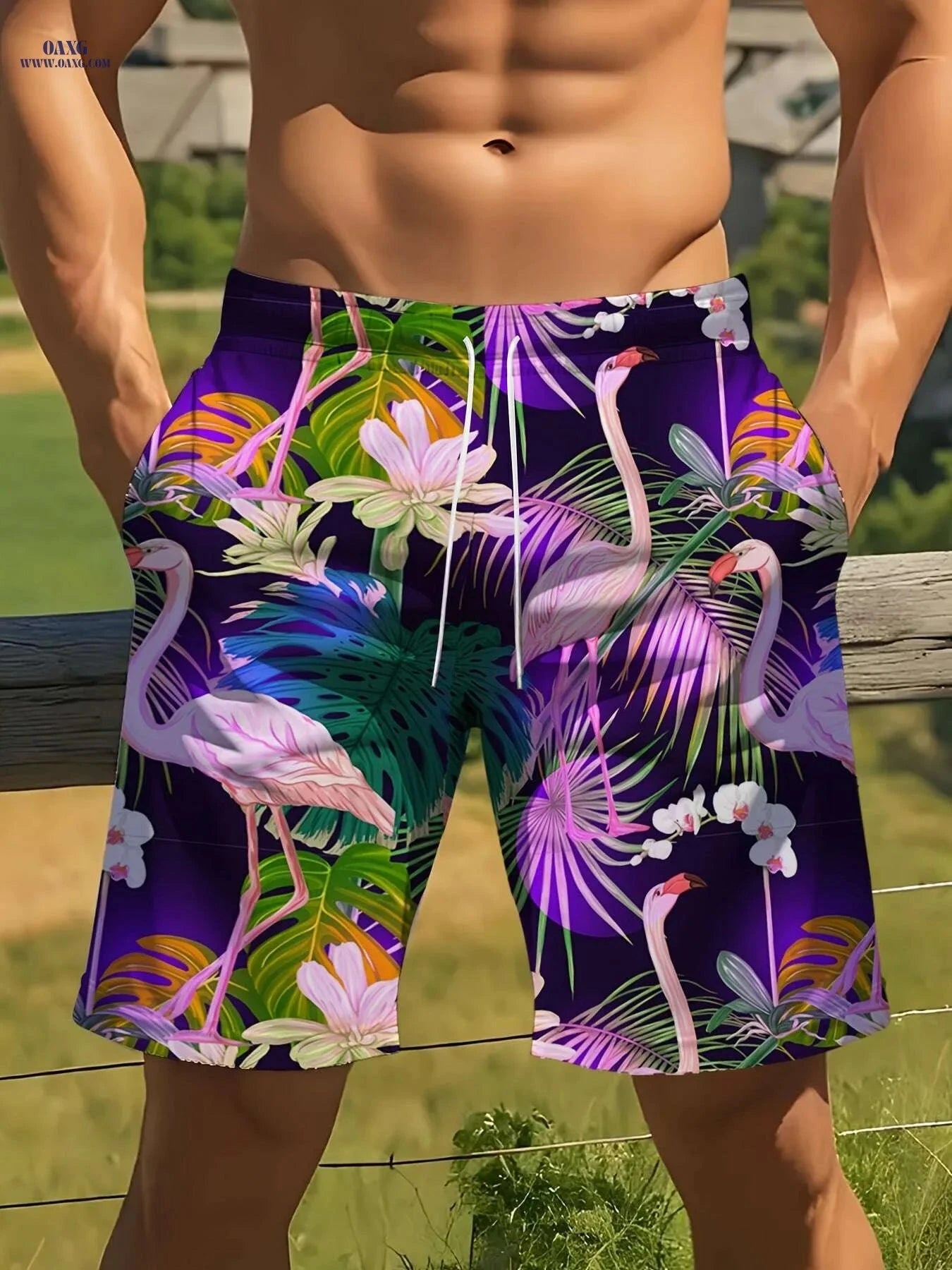 Men's Tropical Swim Shorts - Lightweight Polyester, Flamingo Print   OAXG 