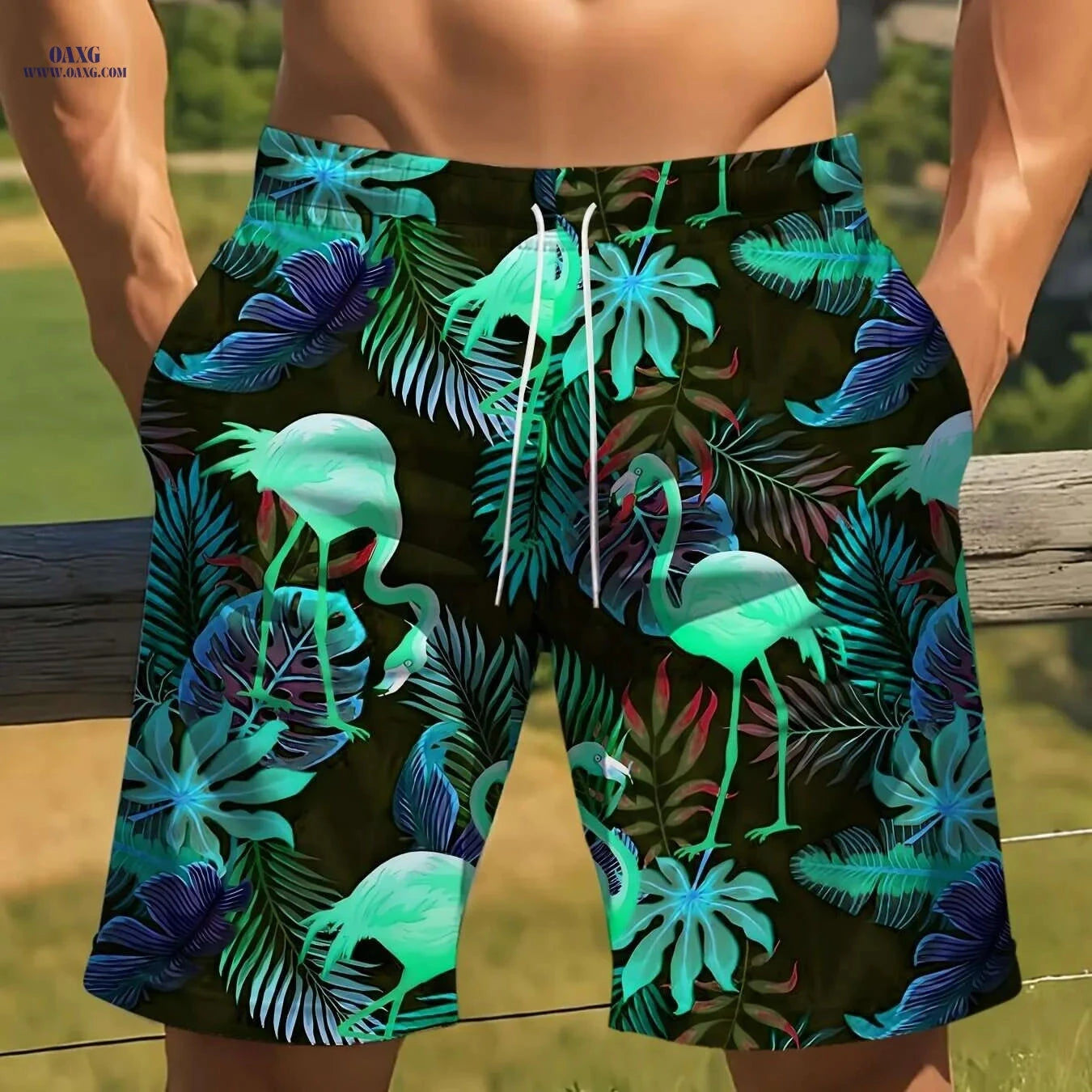 Men's Tropical Swim Shorts - Lightweight Polyester, Flamingo Print   OAXG 