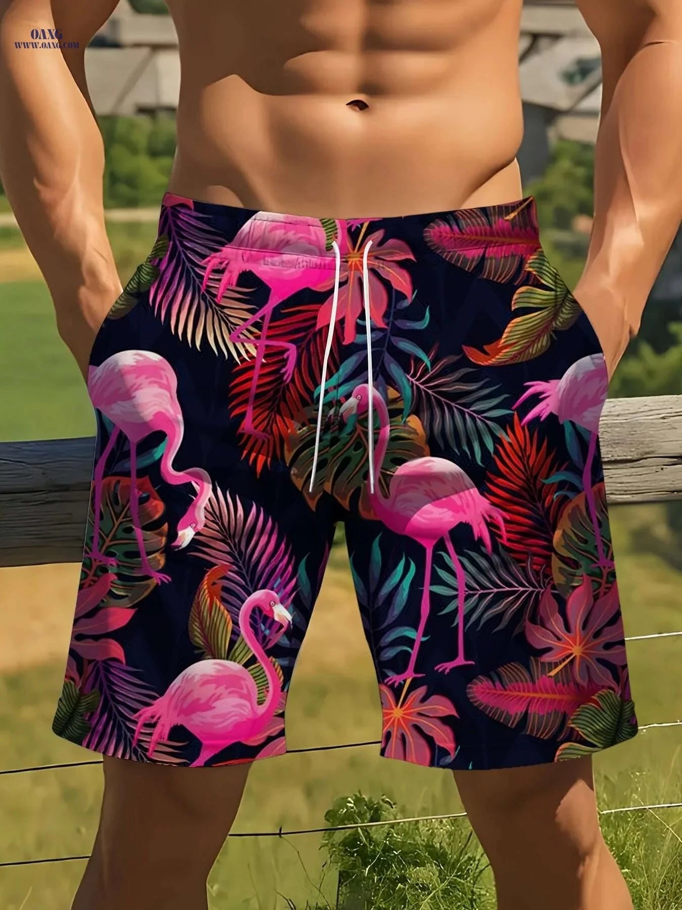 Men's Tropical Swim Shorts - Lightweight Polyester, Flamingo Print   OAXG 