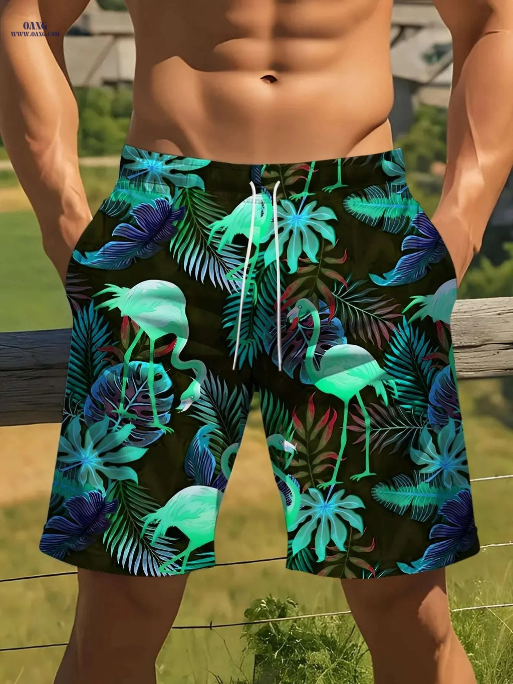 Men's Tropical Swim Shorts - Lightweight Polyester, Flamingo Print   OAXG 