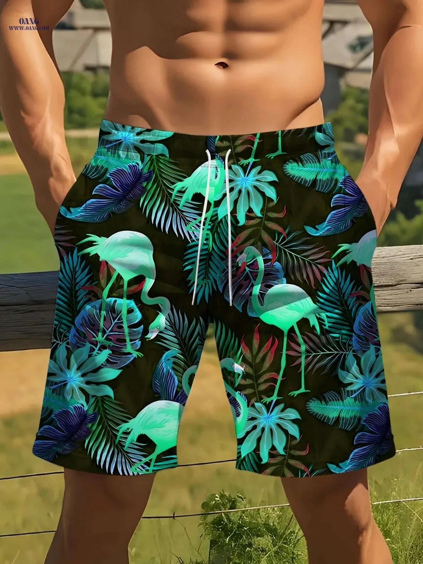 Men's Tropical Swim Shorts - Lightweight Polyester, Flamingo Print   OAXG 