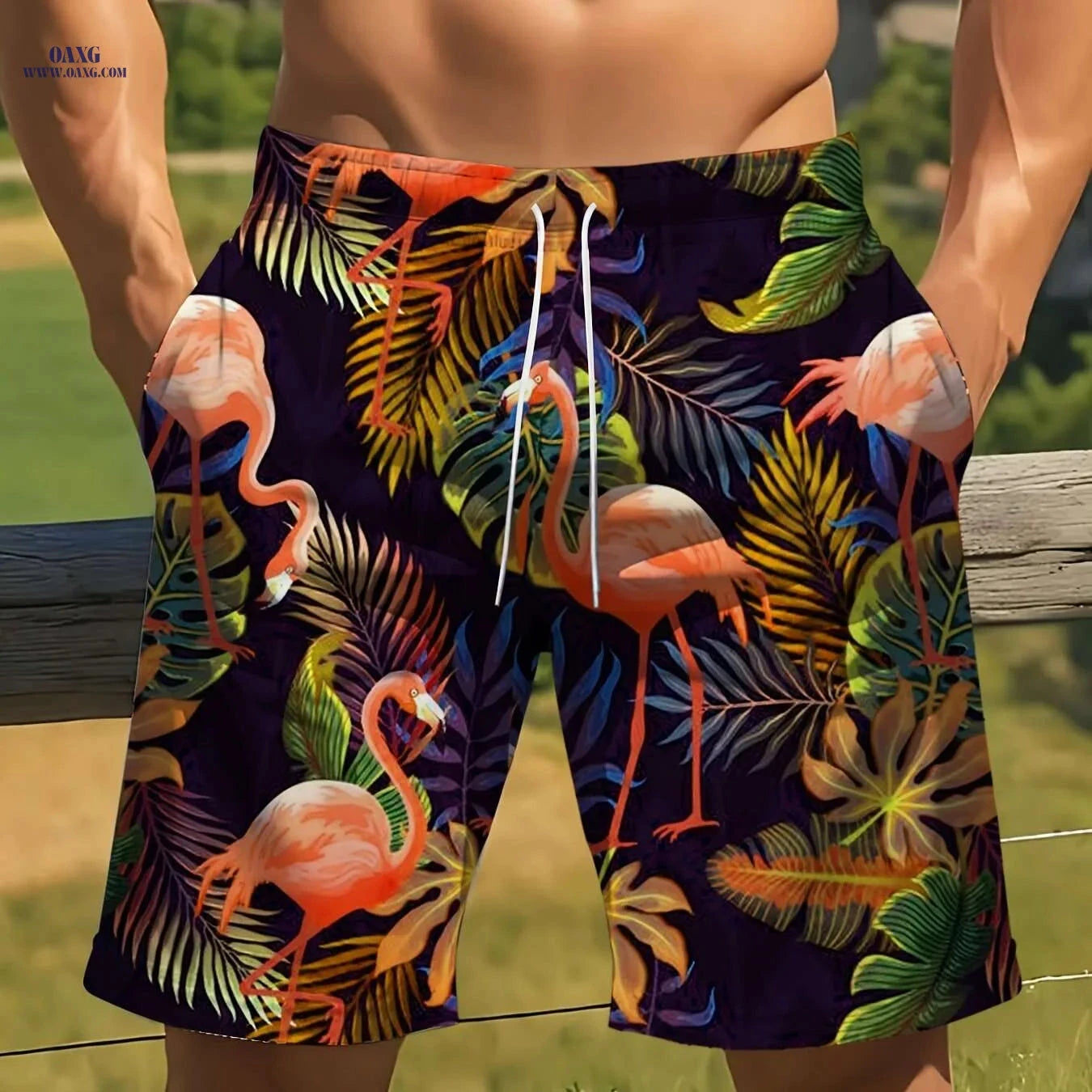 Men's Tropical Swim Shorts - Lightweight Polyester, Flamingo Print   OAXG Multicolor / S