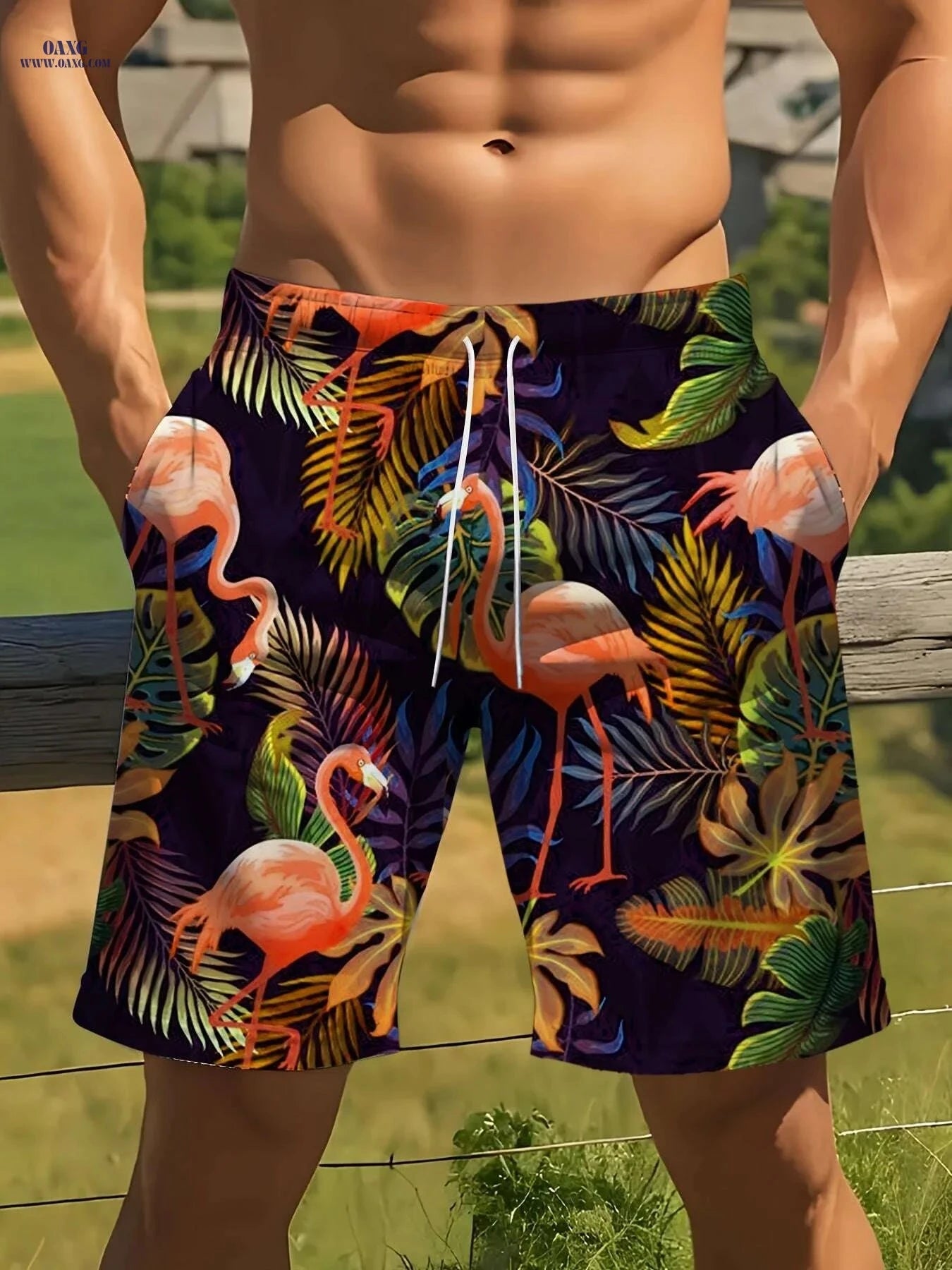 Men's Tropical Swim Shorts - Lightweight Polyester, Flamingo Print   OAXG Multicolor / S