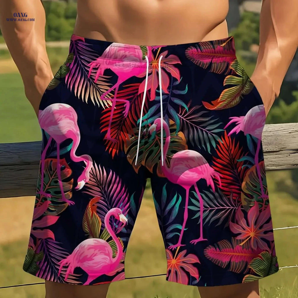 Men's Tropical Swim Shorts - Lightweight Polyester, Flamingo Print   OAXG Multicolor / S