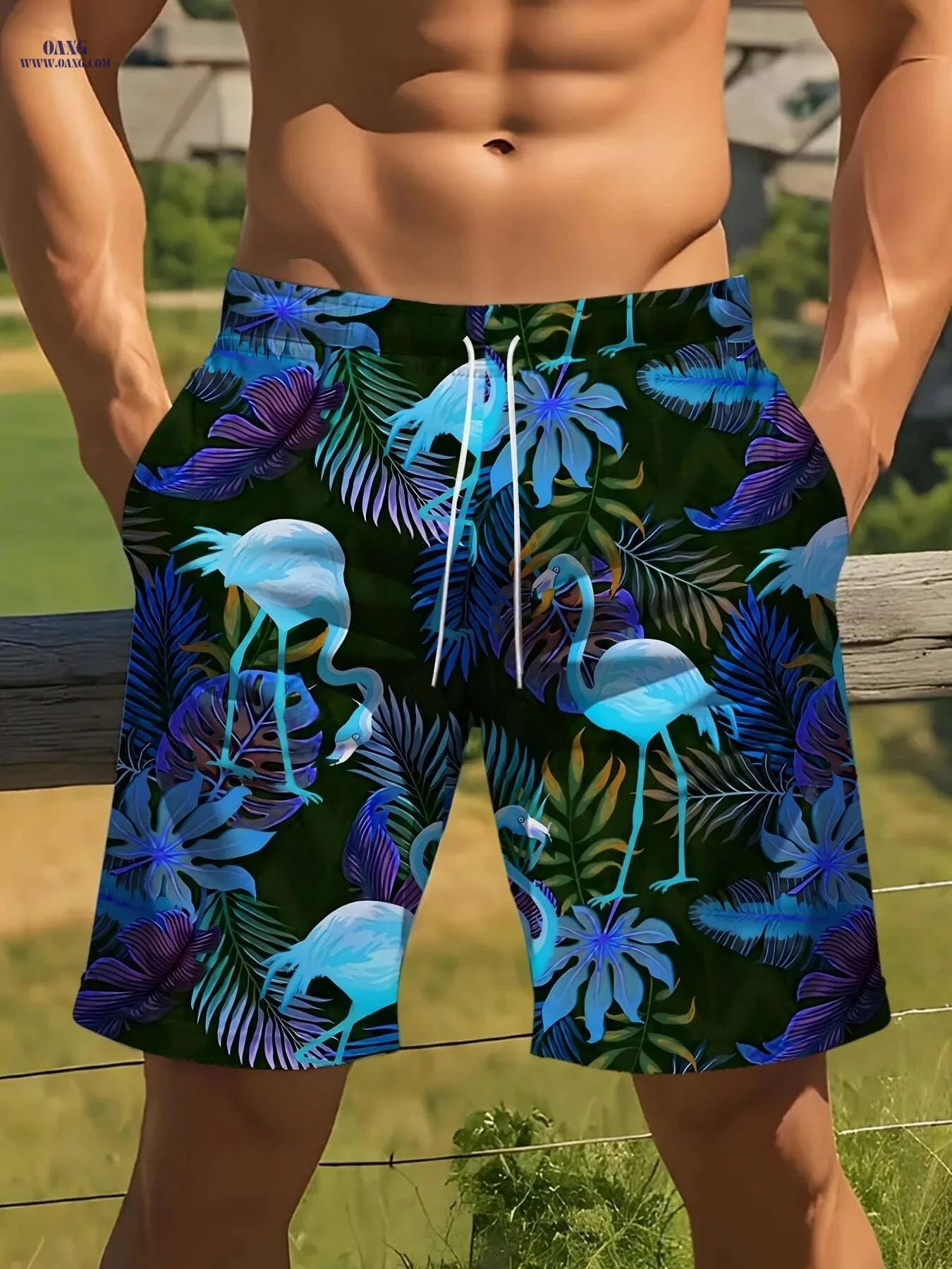 Men's Tropical Swim Shorts - Lightweight Polyester, Flamingo Print   OAXG Multicolor / S