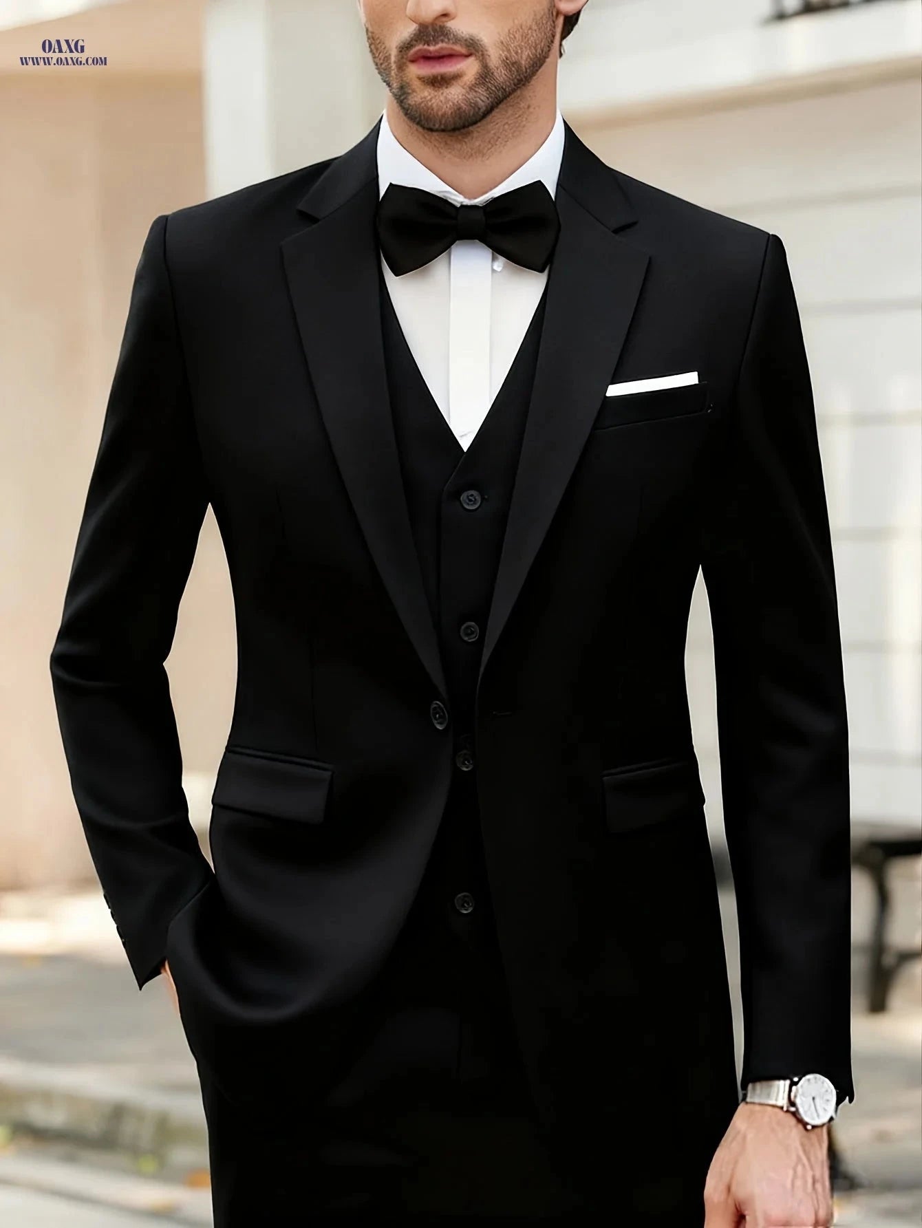 Men's Two-Button Suit Set - Stylish 3pcs for Weddings & Interviews   OAXG Black / FR S