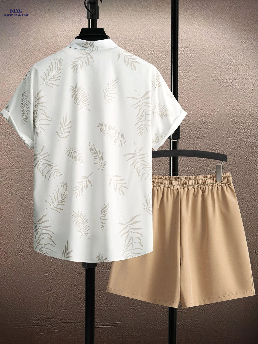 Men's Two-Piece Leaf Print Set - Casual Button-Up Shirt & Shorts   OAXG 
