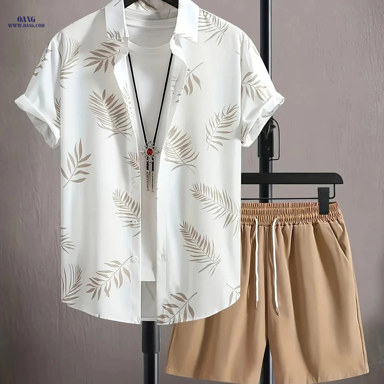 Men's Two-Piece Leaf Print Set - Casual Button-Up Shirt & Shorts   OAXG 