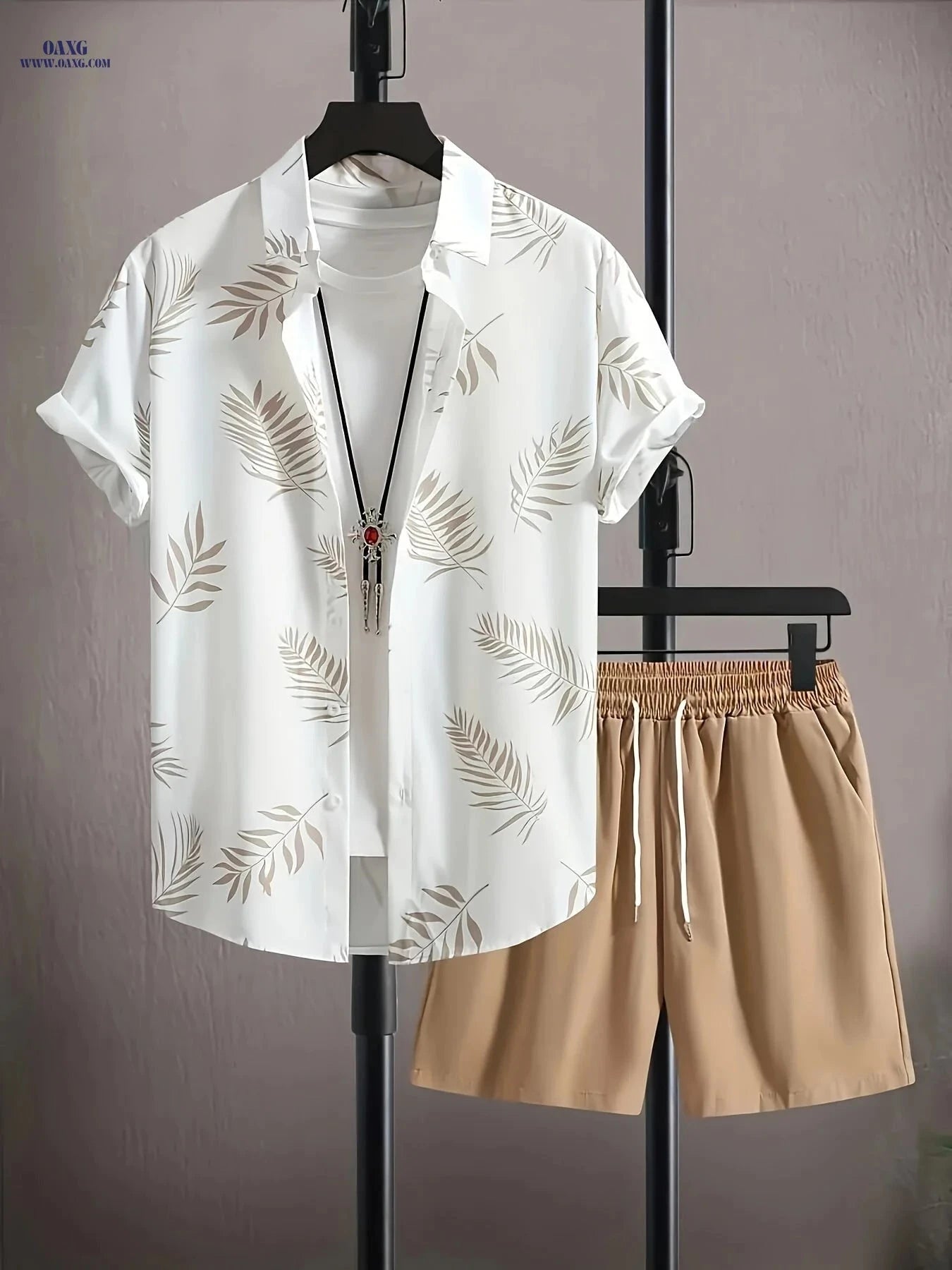 Men's Two-Piece Leaf Print Set - Casual Button-Up Shirt & Shorts   OAXG White / FR S