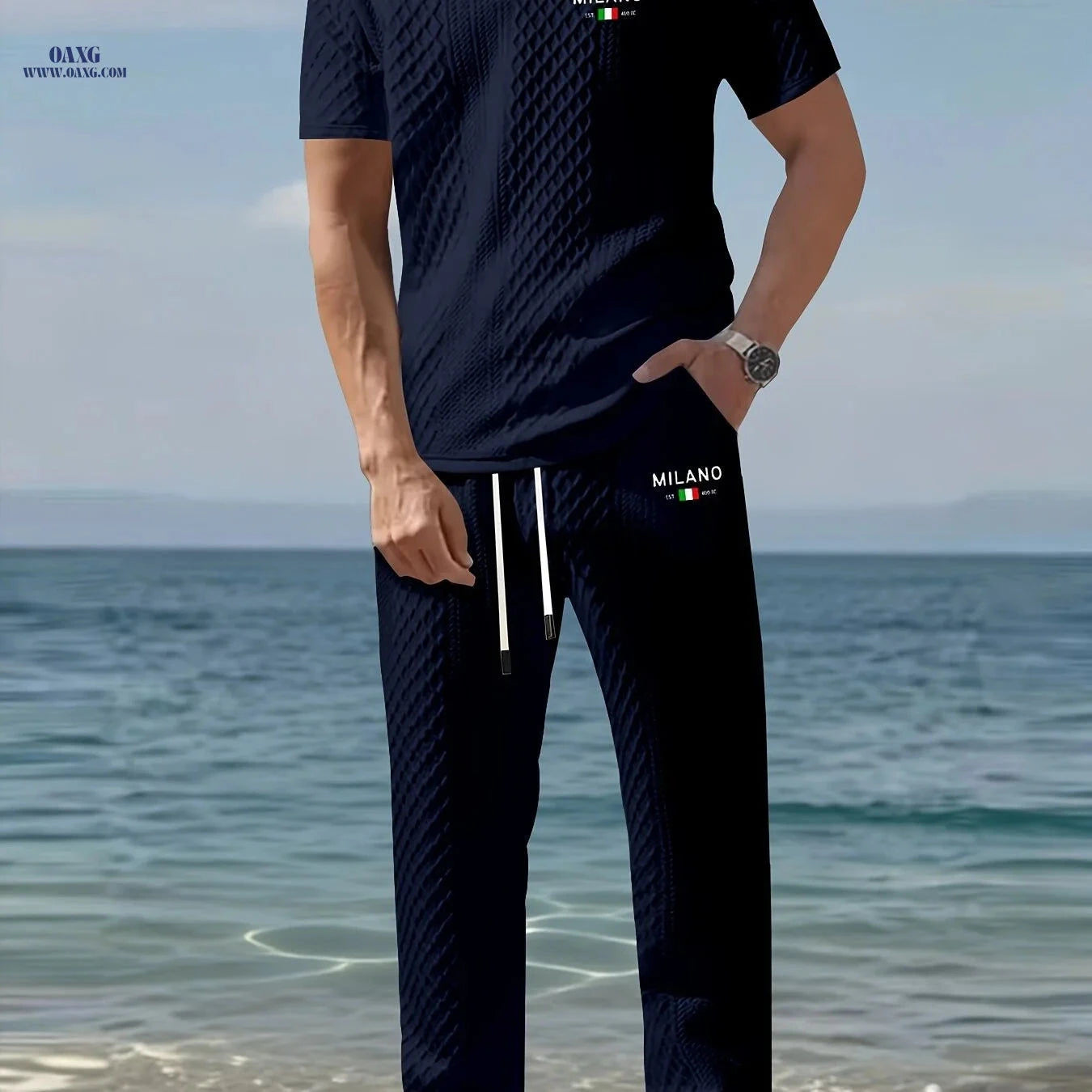 Men's Two-Piece Set - Short-Sleeve Polo & Drawstring Pants   OAXG 