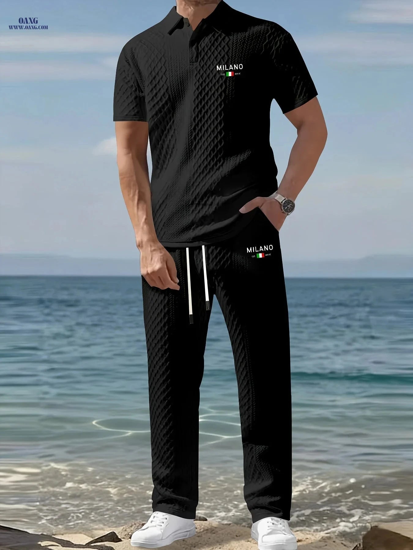 Men's Two-Piece Set - Short-Sleeve Polo & Drawstring Pants   OAXG 