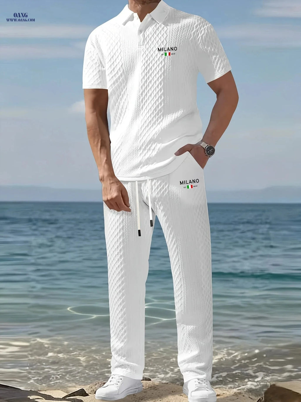 Men's Two-Piece Set - Short-Sleeve Polo & Drawstring Pants   OAXG 