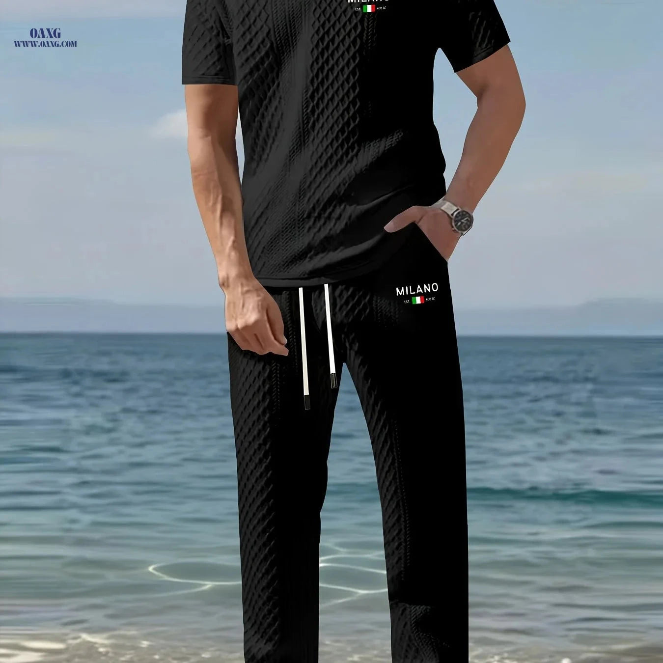 Men's Two-Piece Set - Short-Sleeve Polo & Drawstring Pants   OAXG Navy Color / FR S