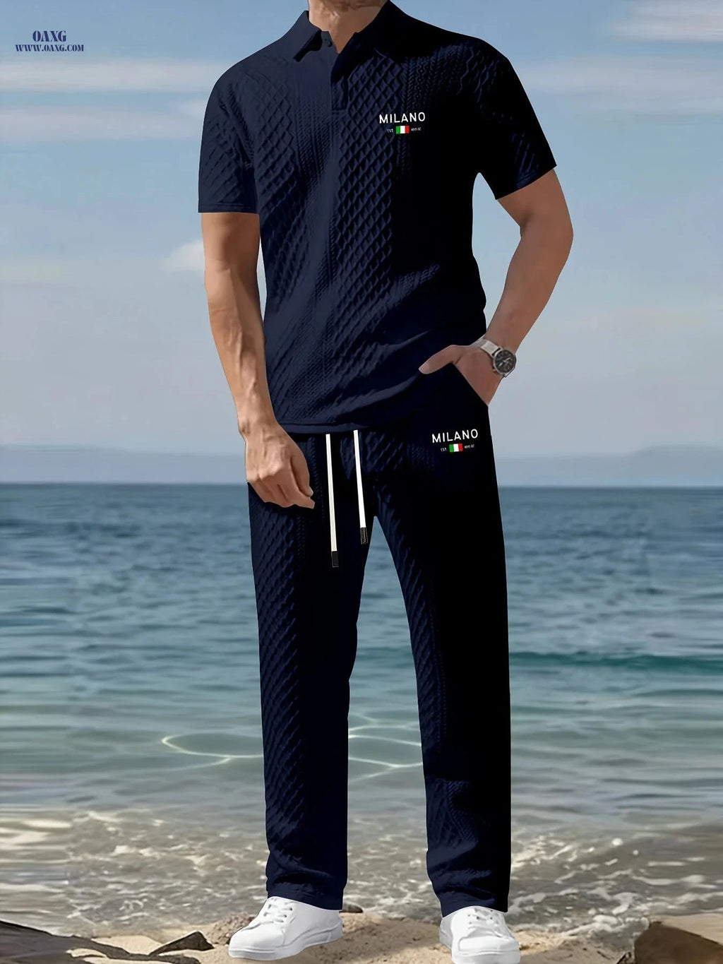 Men's Two-Piece Set - Short-Sleeve Polo & Drawstring Pants   OAXG Navy Color / FR S