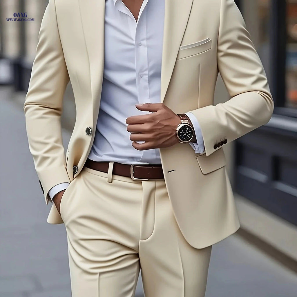 Men's Two-Piece Suit - Business Casual Jacket and Trousers Set   OAXG Beige / FR XS