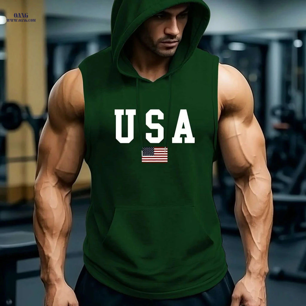 Men's USA Flag Hooded Tank Top - Breathable Sleeveless Summer Shirt   OAXG Dark Green / S