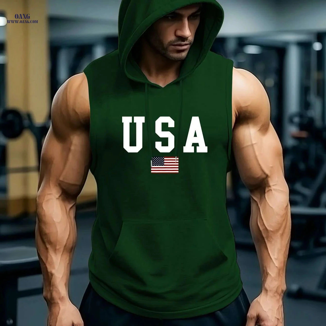 Men's USA Flag Hooded Tank Top - Breathable Sleeveless Summer Shirt   OAXG Dark Green / S
