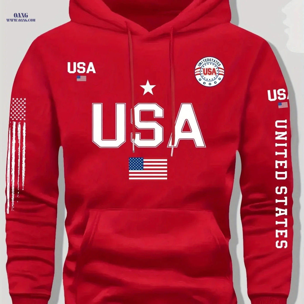 Men's USA Flag Hoodie - Casual Pullover for Autumn and Winter   OAXG Red / FR S