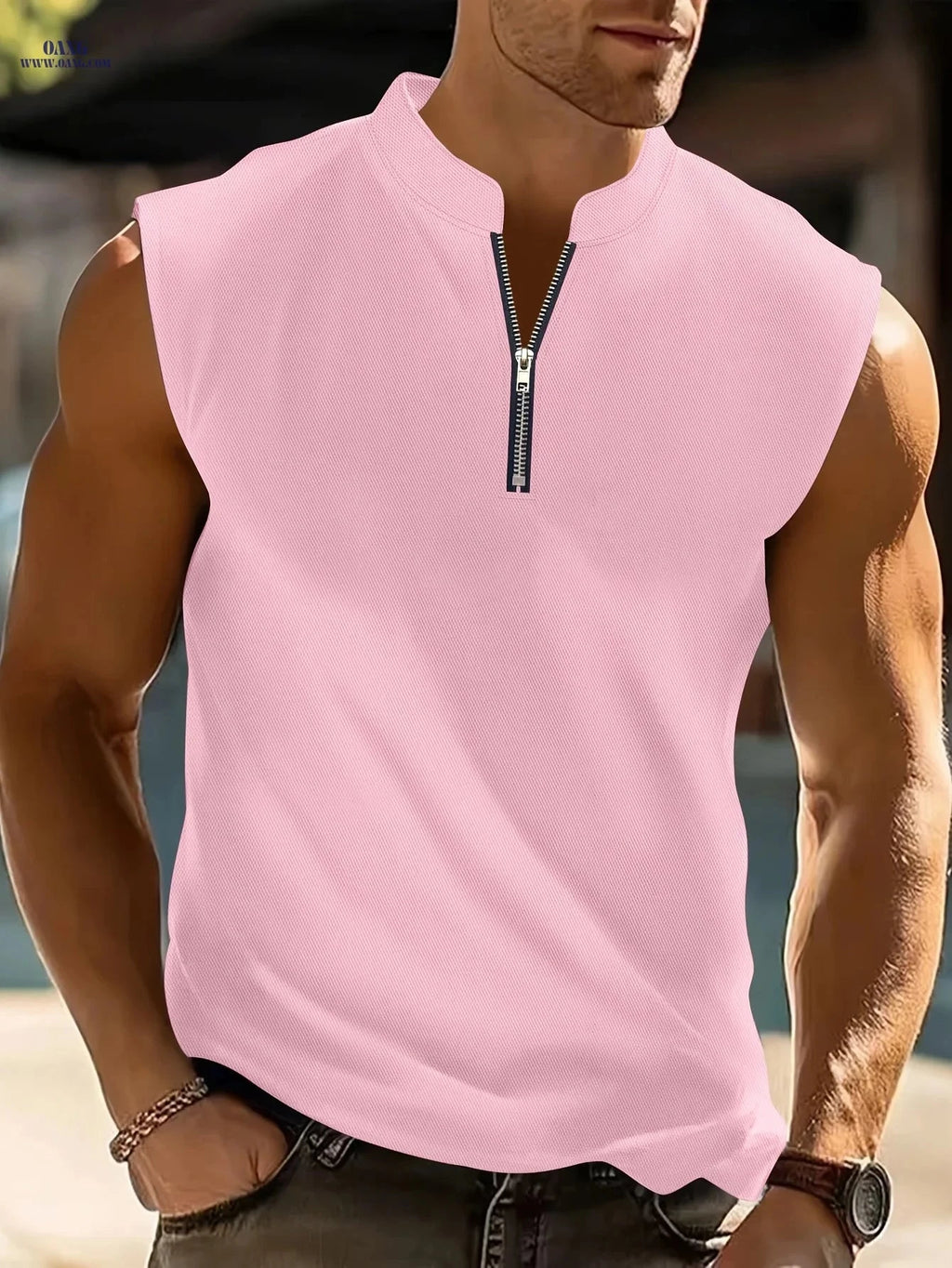 Men's V-Neck Sleeveless Shirt - Lightweight, Quarter Zipper for Summer   OAXG 