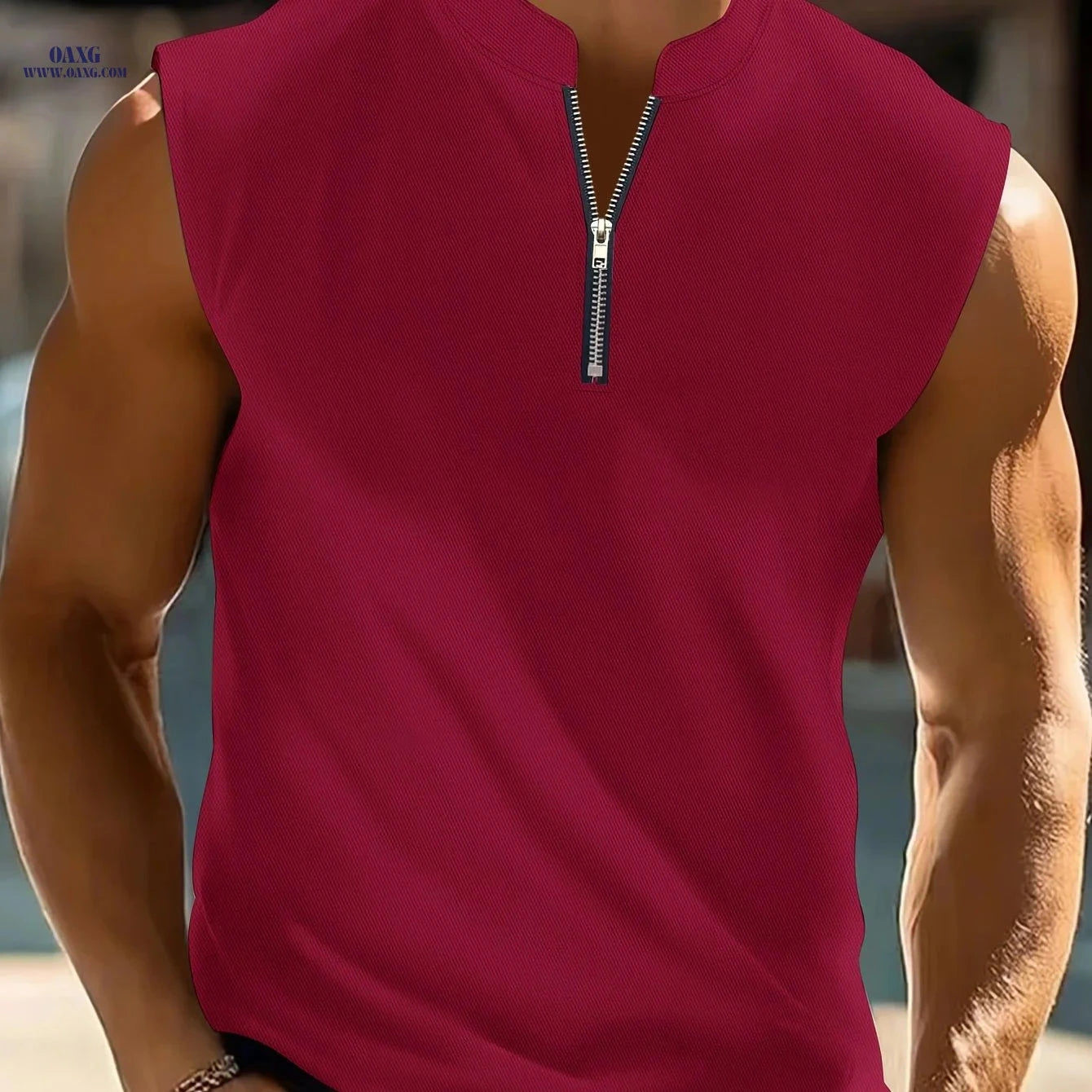 Men's V-Neck Sleeveless Shirt - Lightweight, Quarter Zipper for Summer   OAXG 