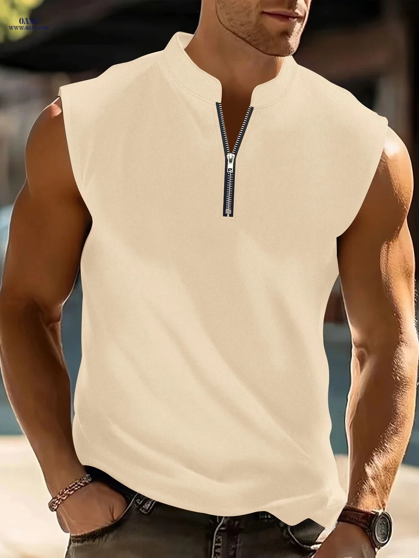 Men's V-Neck Sleeveless Shirt - Lightweight, Quarter Zipper for Summer   OAXG 