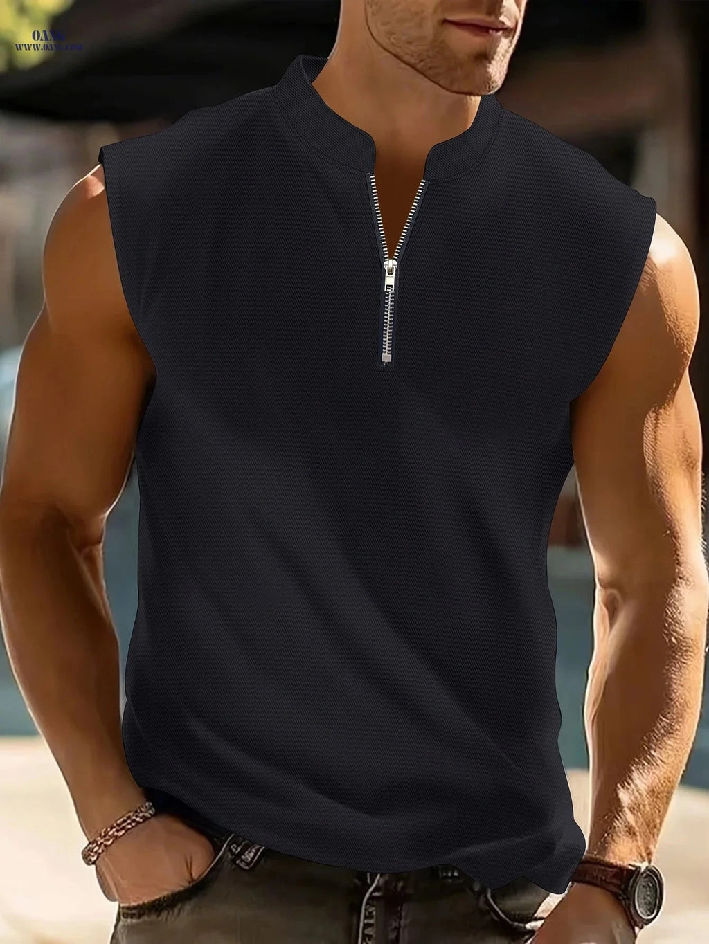 Men's V-Neck Sleeveless Shirt - Lightweight, Quarter Zipper for Summer   OAXG 