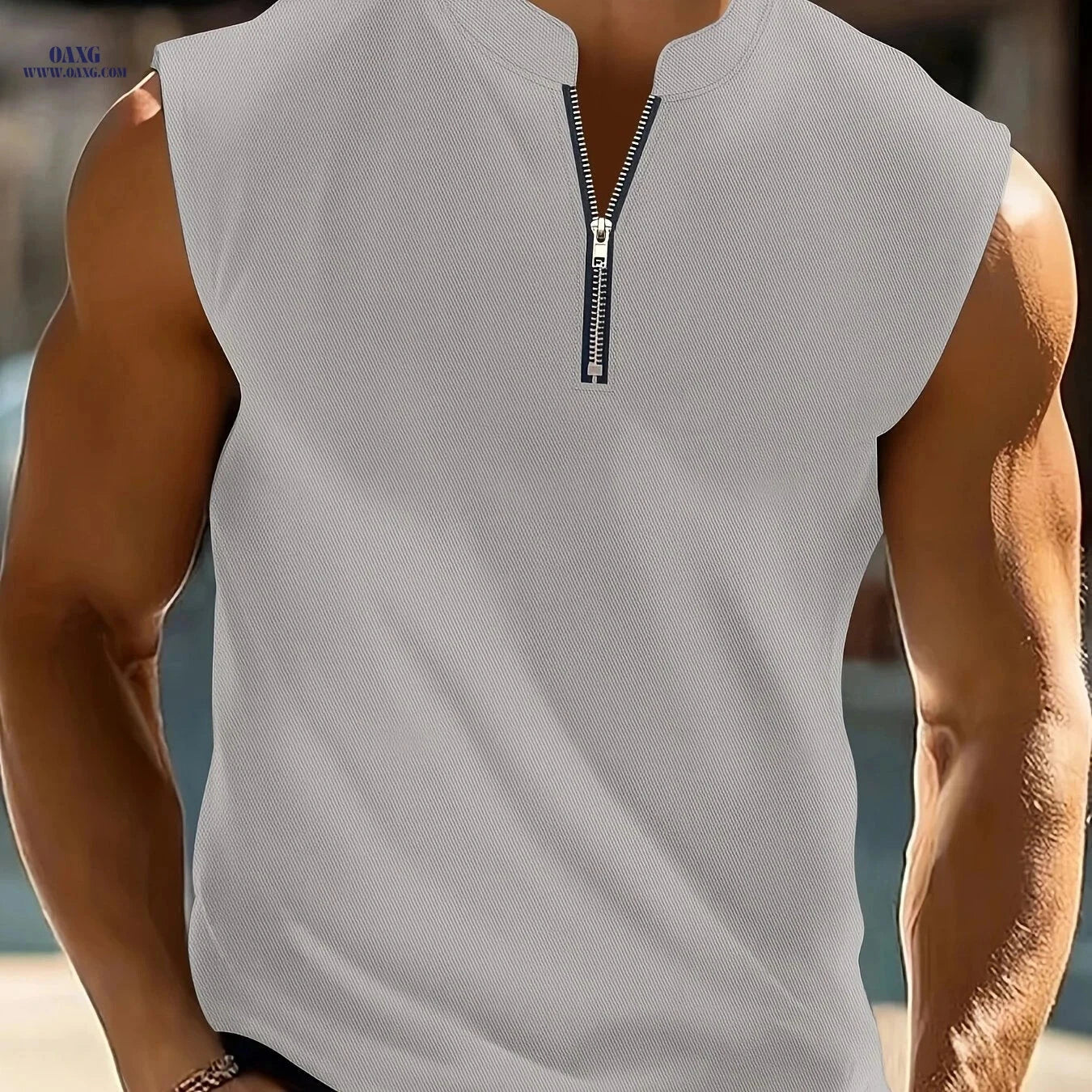Men's V-Neck Sleeveless Shirt - Lightweight, Quarter Zipper for Summer   OAXG 