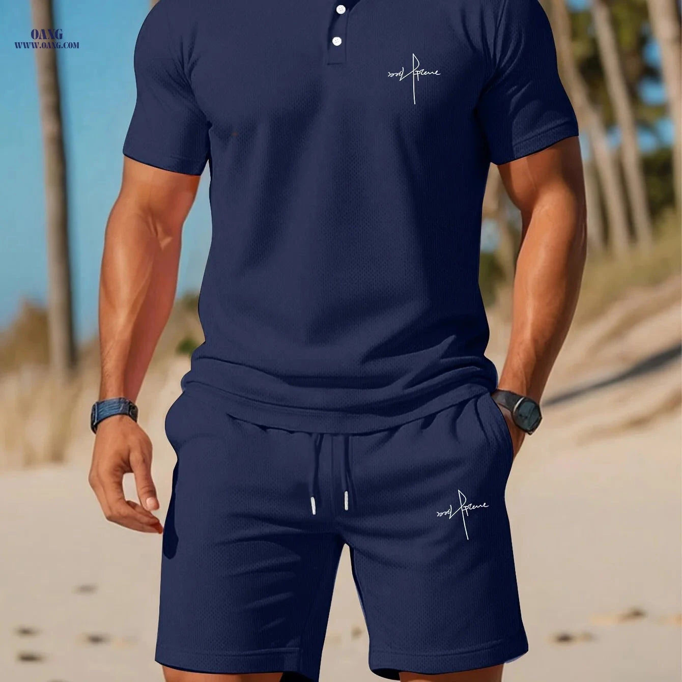 Men's Vacation Style Polo Shirt & Shorts Set - Summer Comfort   OAXG 