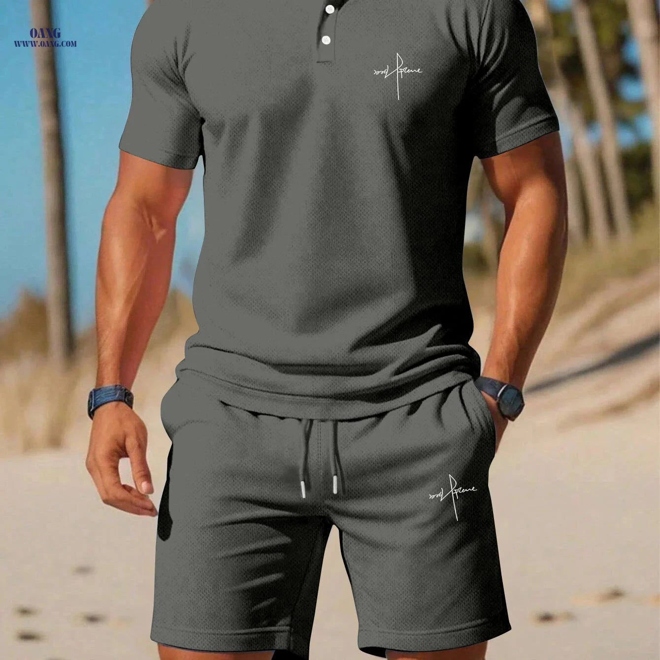 Men's Vacation Style Polo Shirt & Shorts Set - Summer Comfort   OAXG White / FR S