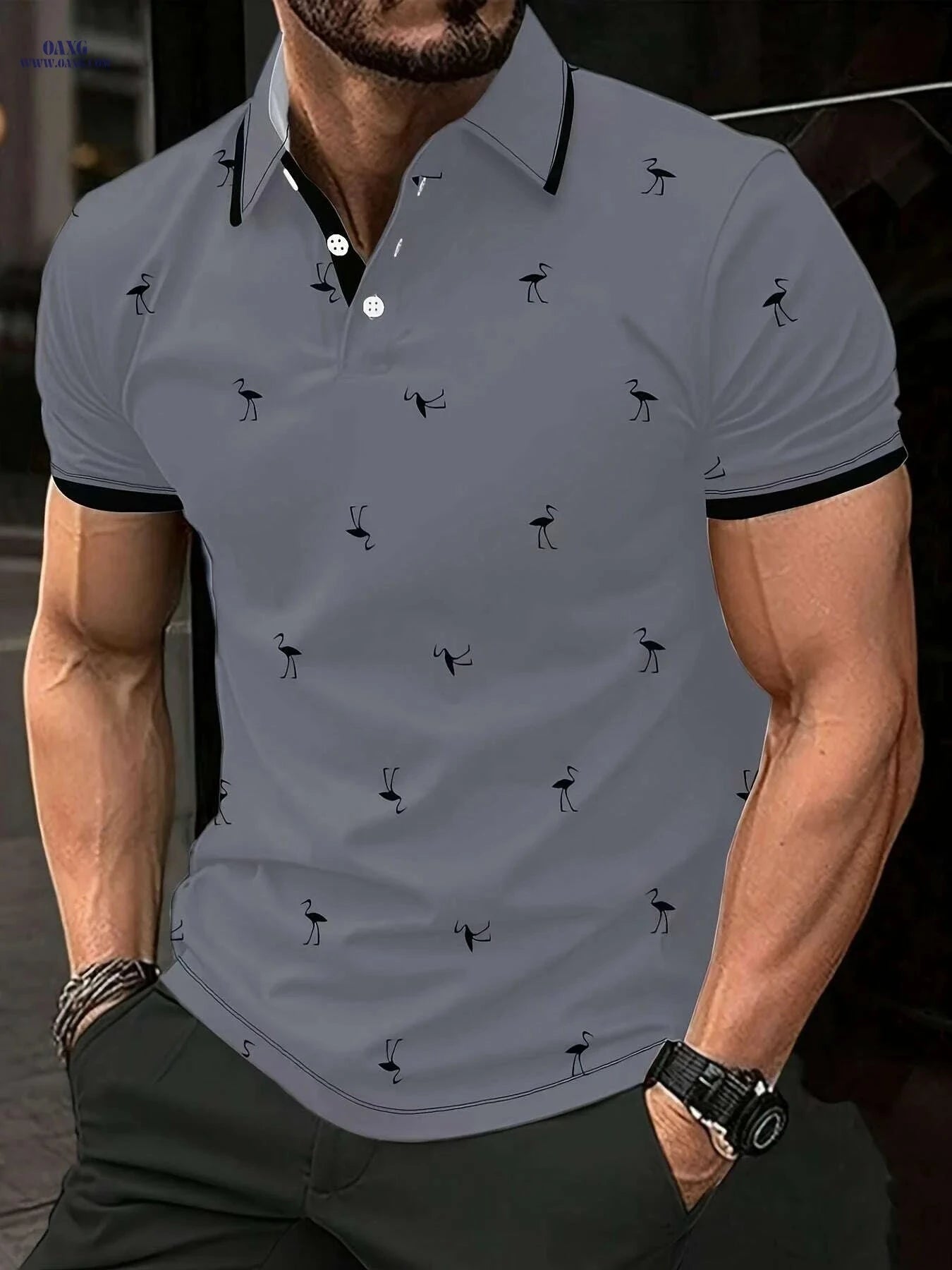 Men's Vibrant Blue Casual Golf Shirt - Striped Collar, Breathable Fabric   OAXG Multicolor / S