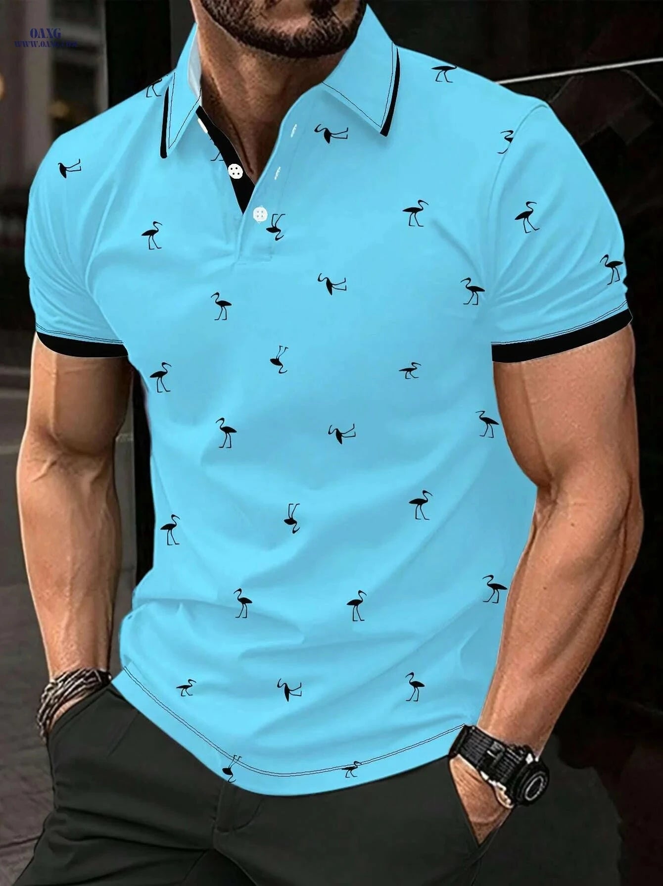 Men's Vibrant Blue Casual Golf Shirt - Striped Collar, Breathable Fabric   OAXG Multicolor / S
