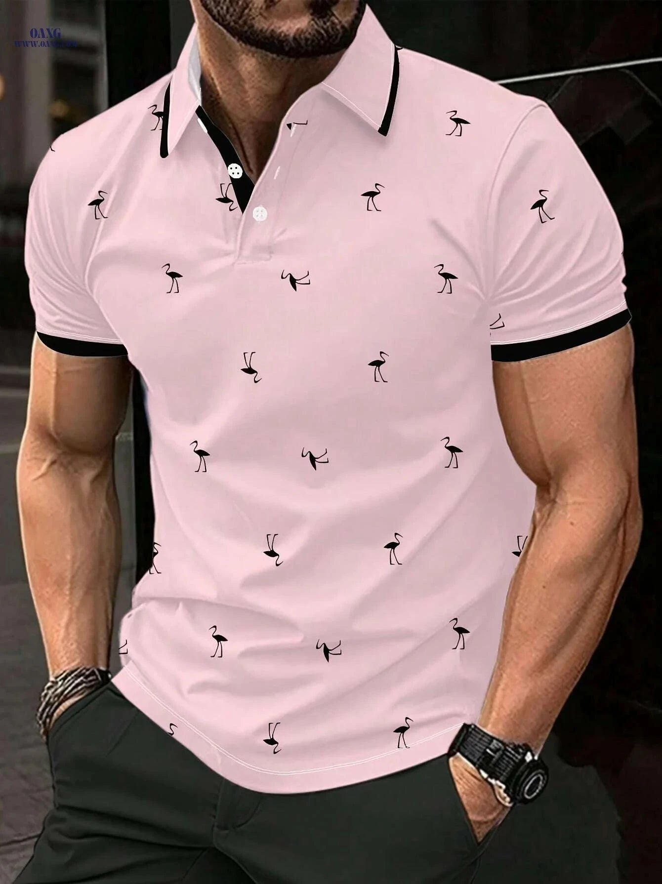 Men's Vibrant Blue Casual Golf Shirt - Striped Collar, Breathable Fabric   OAXG 