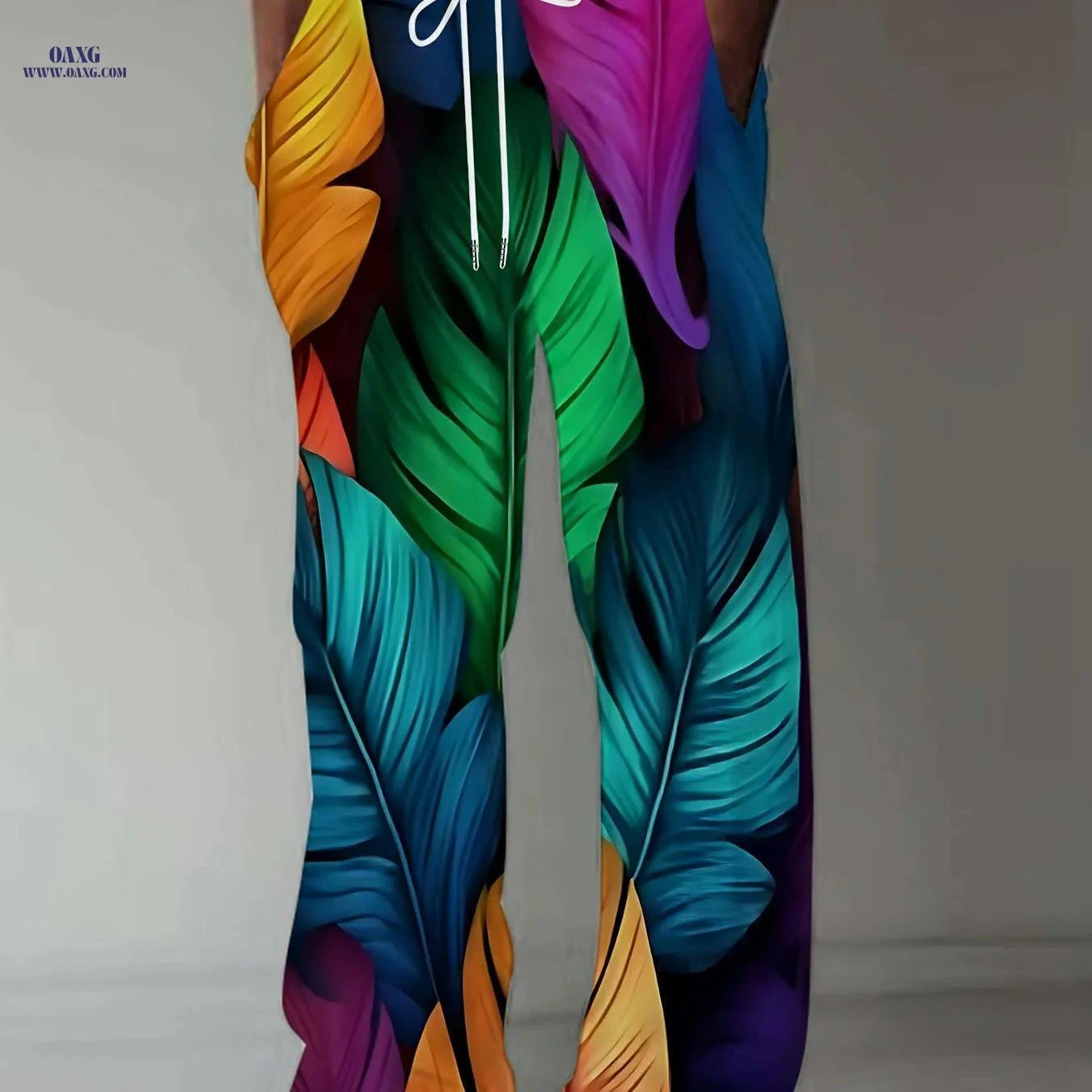 Men's Vibrant Feather Print Pants - Casual Straight-Leg, Drawstring Fit   OAXG 