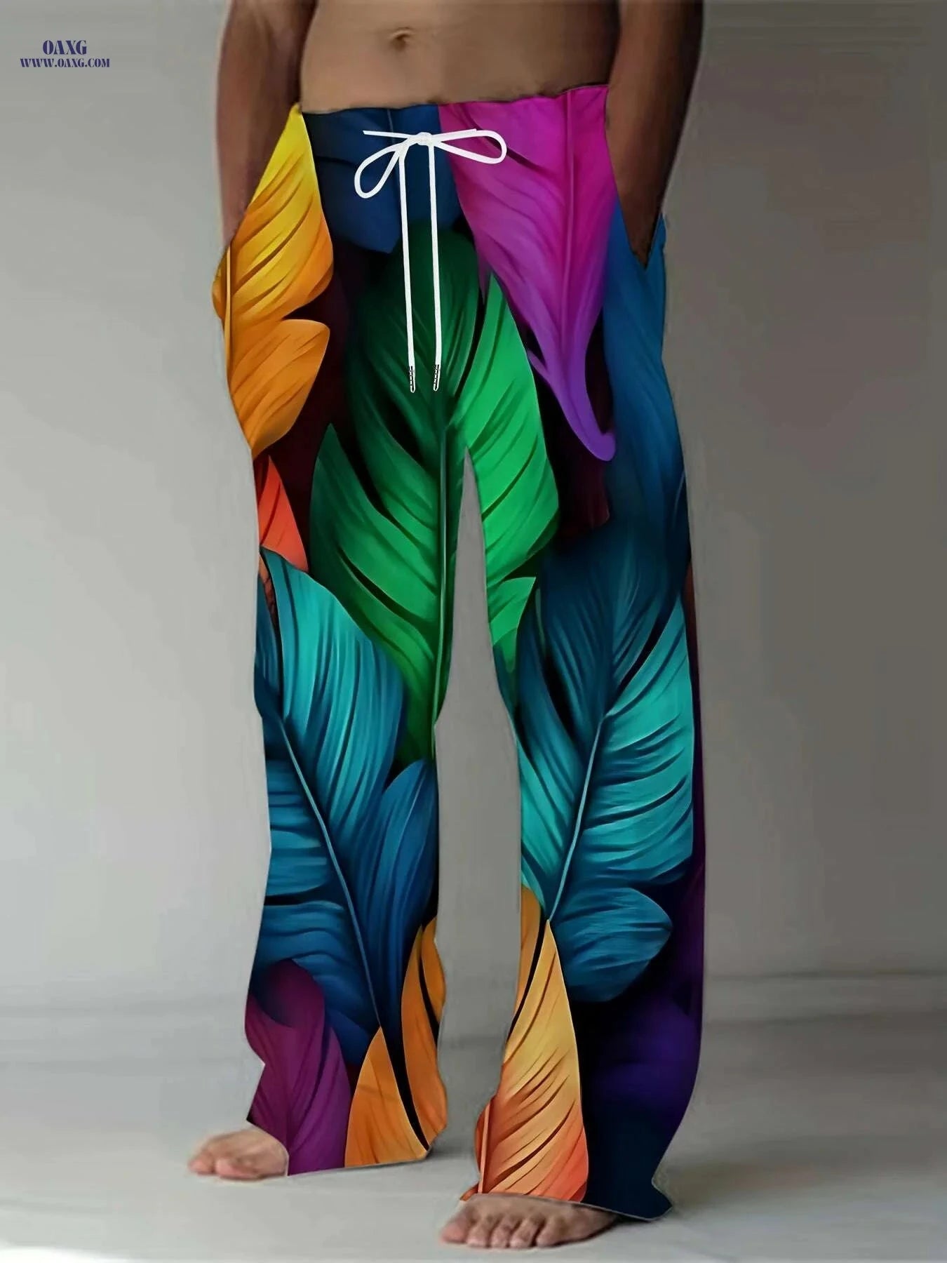 Men's Vibrant Feather Print Pants - Casual Straight-Leg, Drawstring Fit   OAXG 
